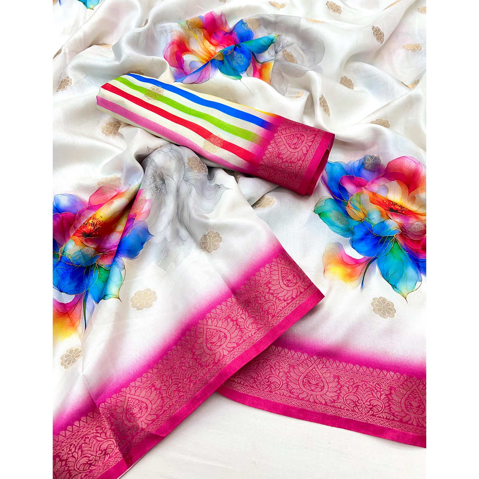 White Floral Digital Printed Dola Silk Saree With Woven Border