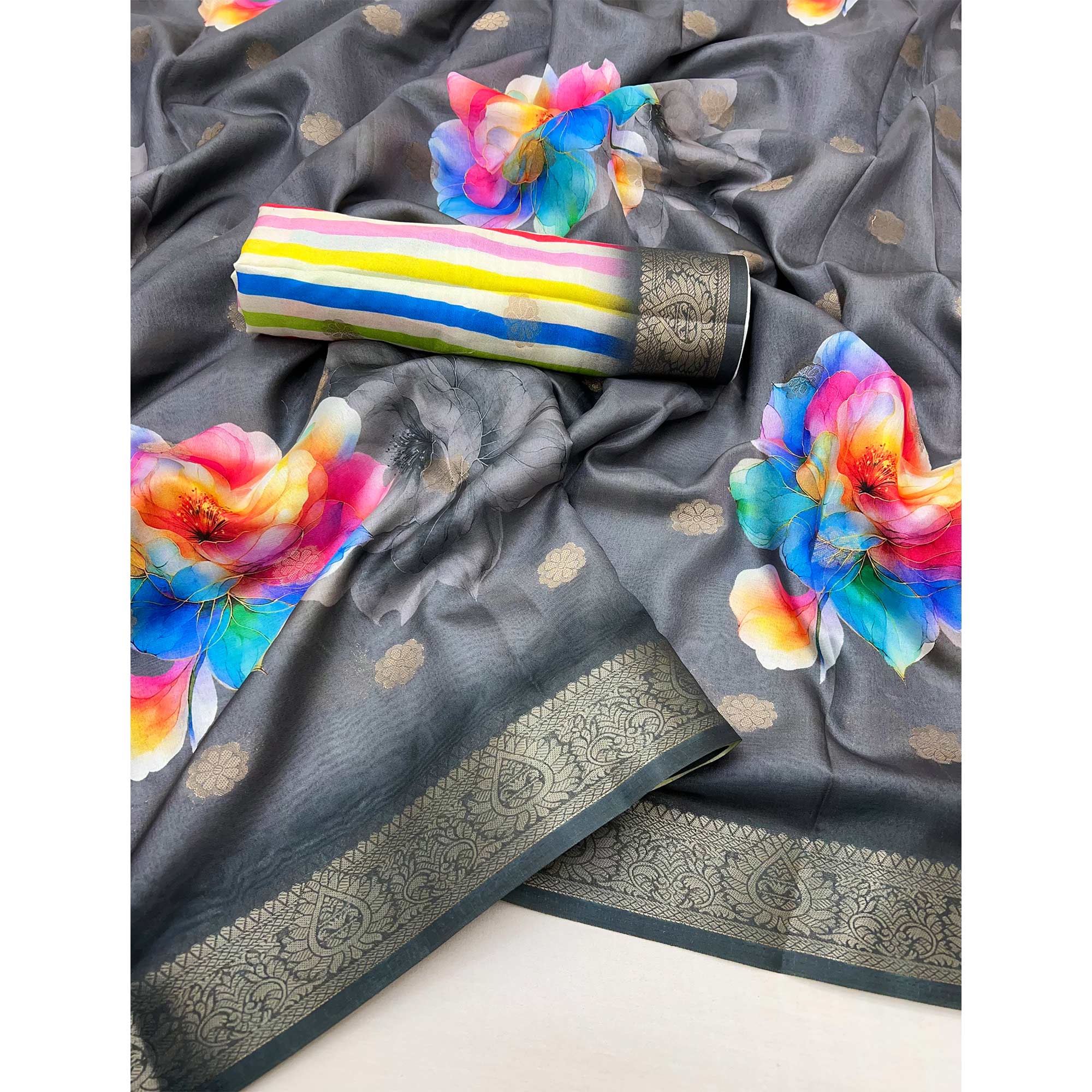 Grey Floral Digital Printed Dola Silk Saree With Woven Border