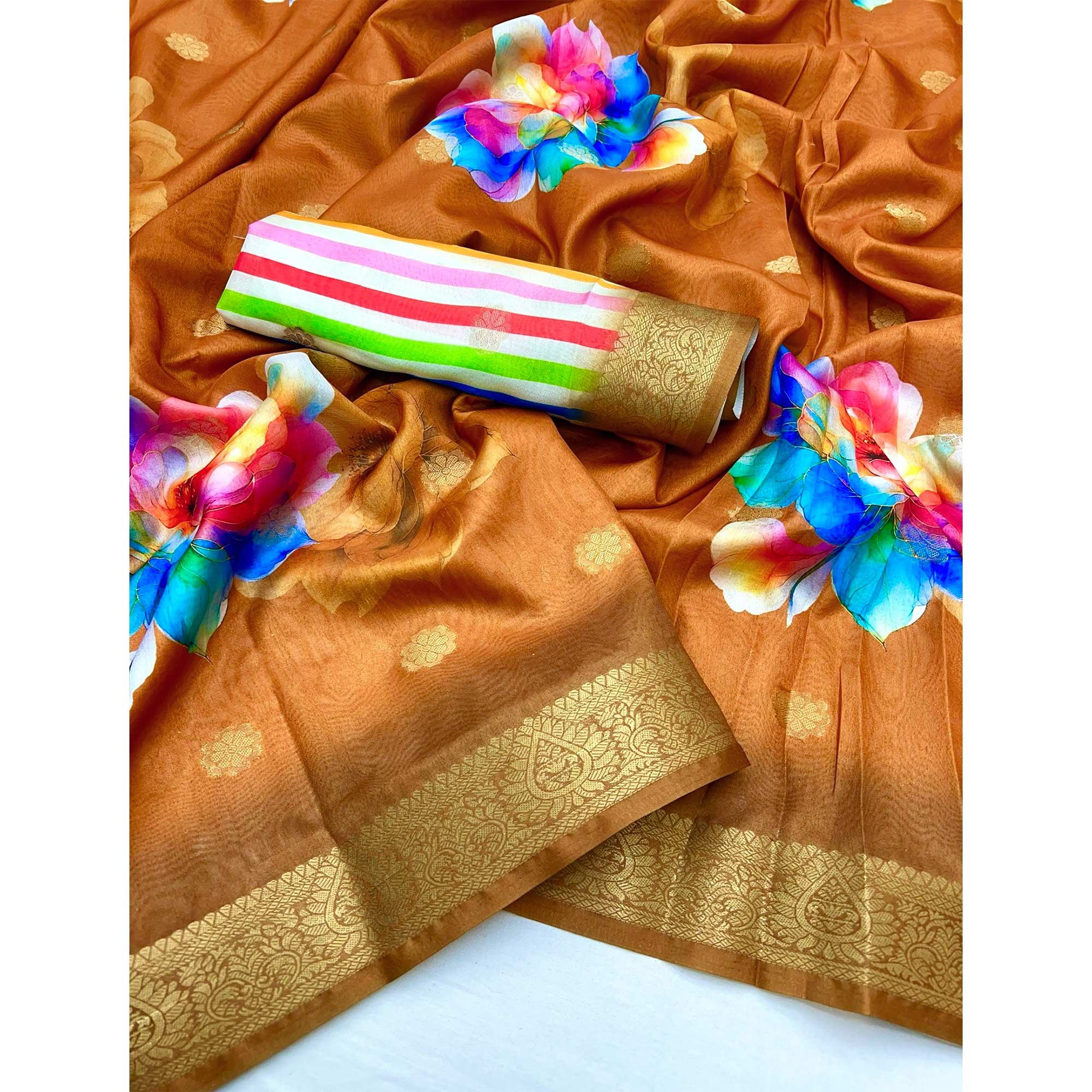 Mustard Floral Digital Printed Dola Silk Saree With Woven Border