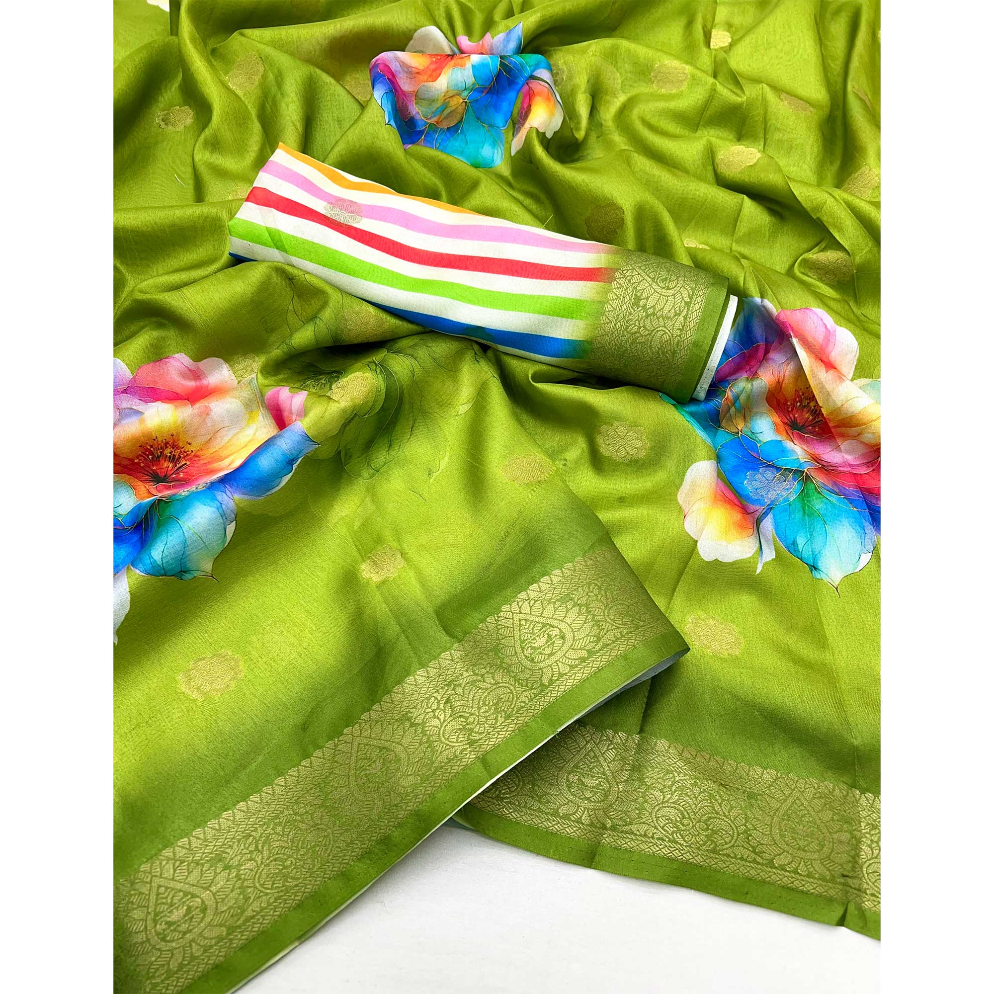 Green Floral Digital Printed Dola Silk Saree With Woven Border