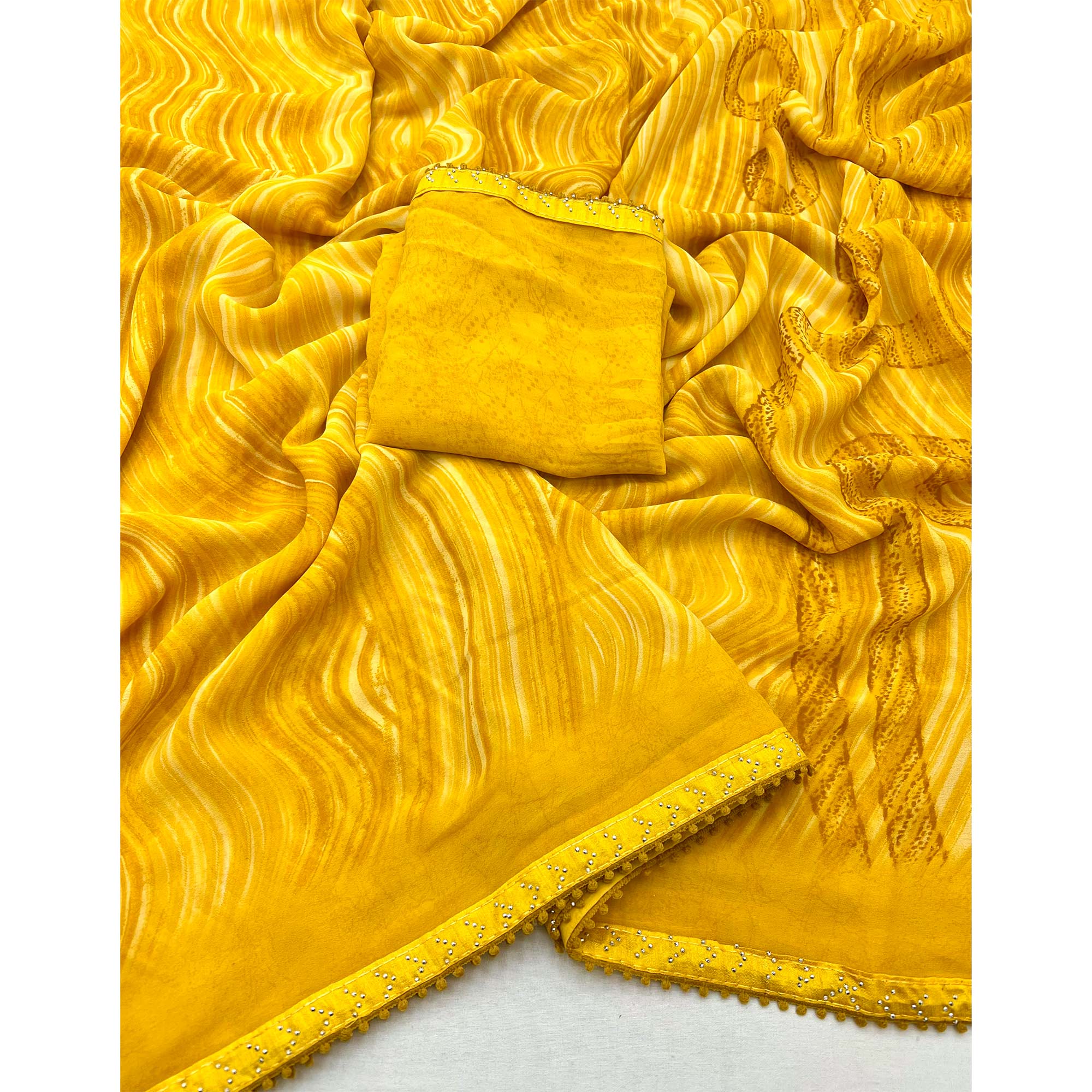Mustard Printed Georgette Saree With Fancy Lace Border