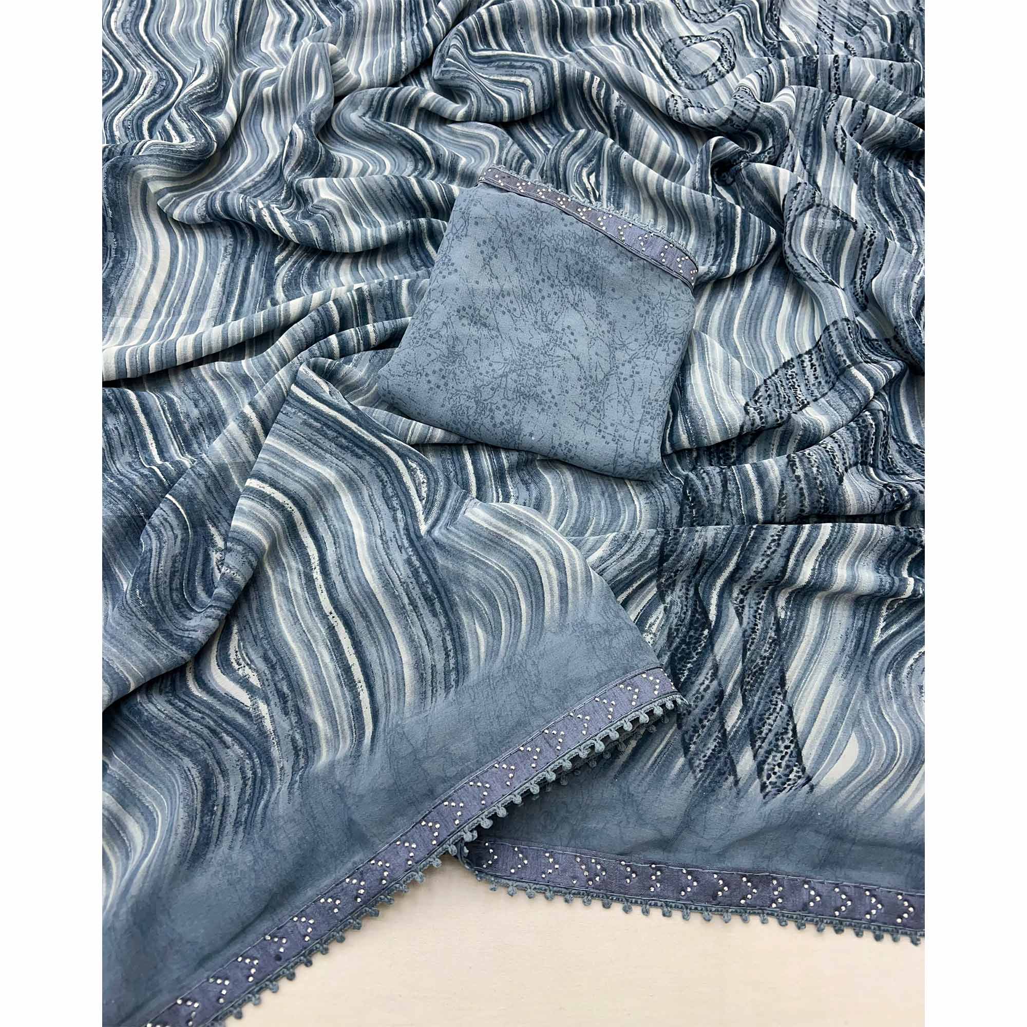 Grey Printed Georgette Saree With Fancy Lace Border