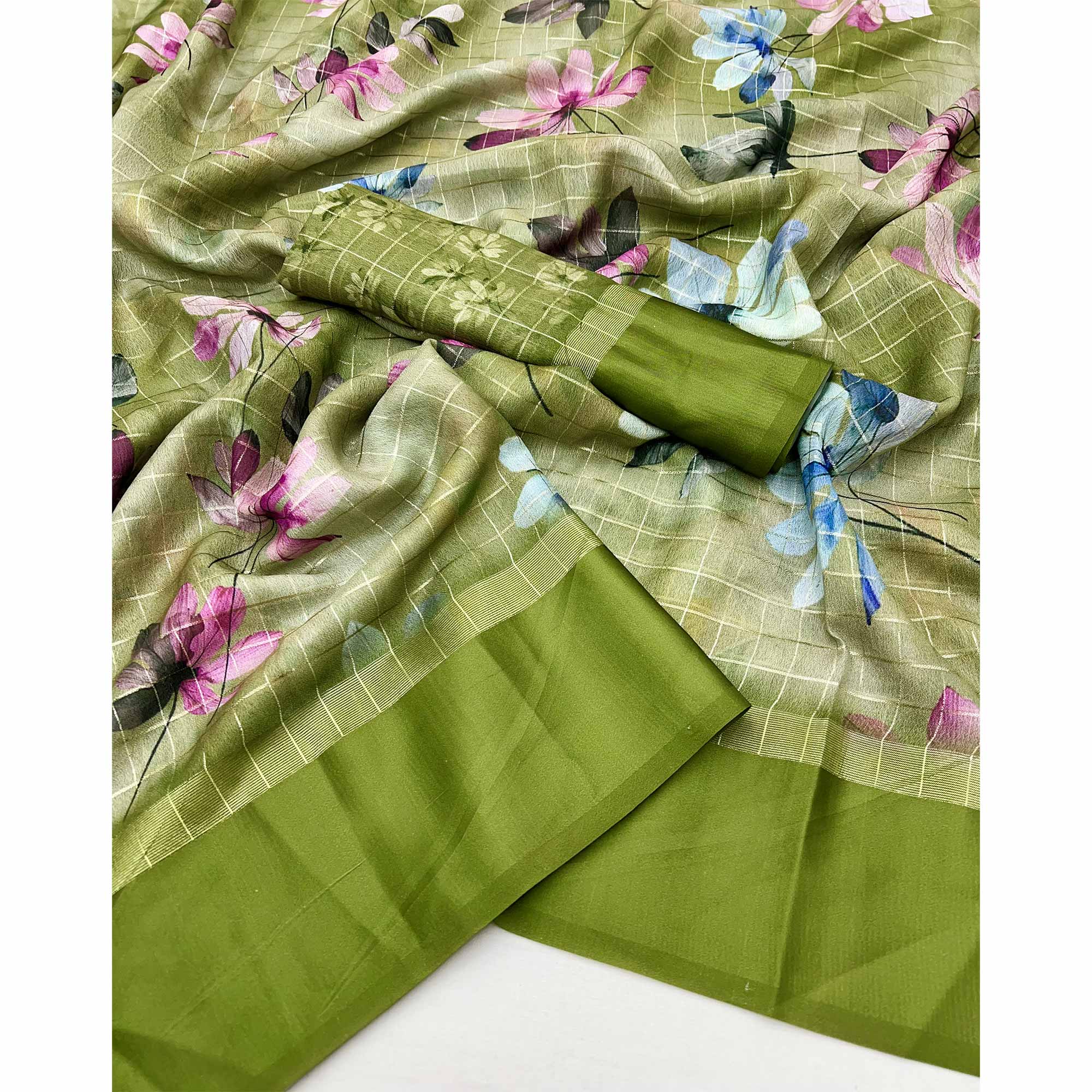Green Floral Digital Printed With Zari Woven Georgette Saree