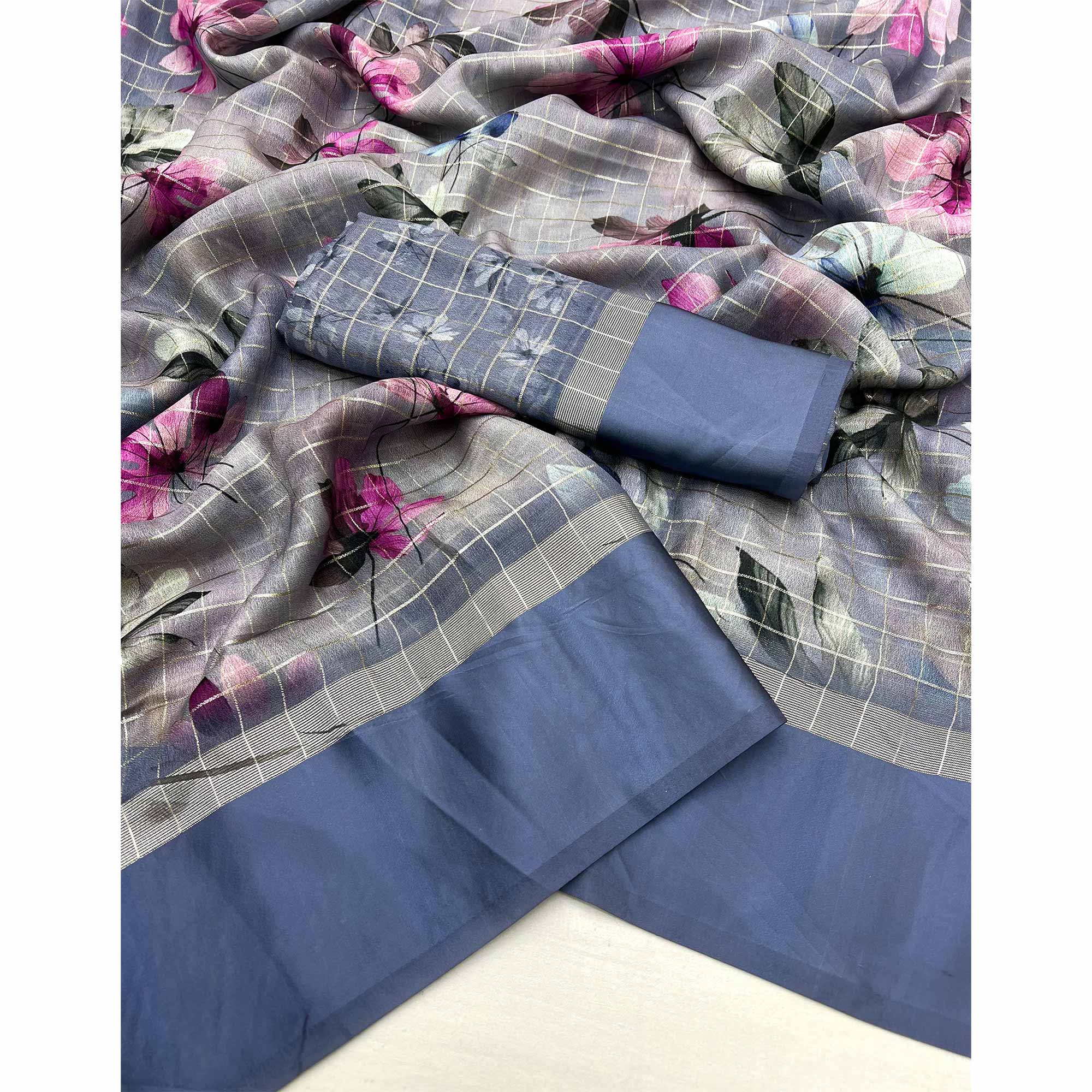 Grey Floral Digital Printed With Zari Woven Georgette Saree