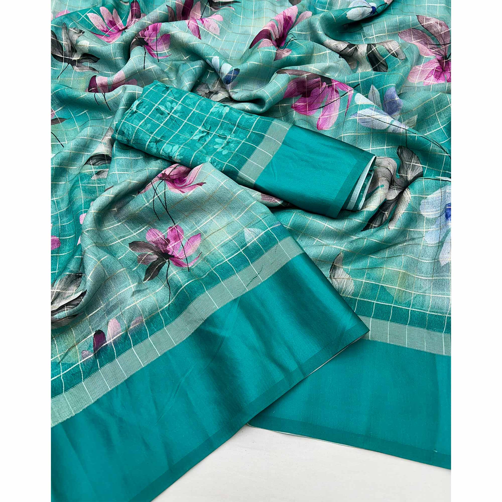 Rama Green Floral Digital Printed With Zari Woven Georgette Saree