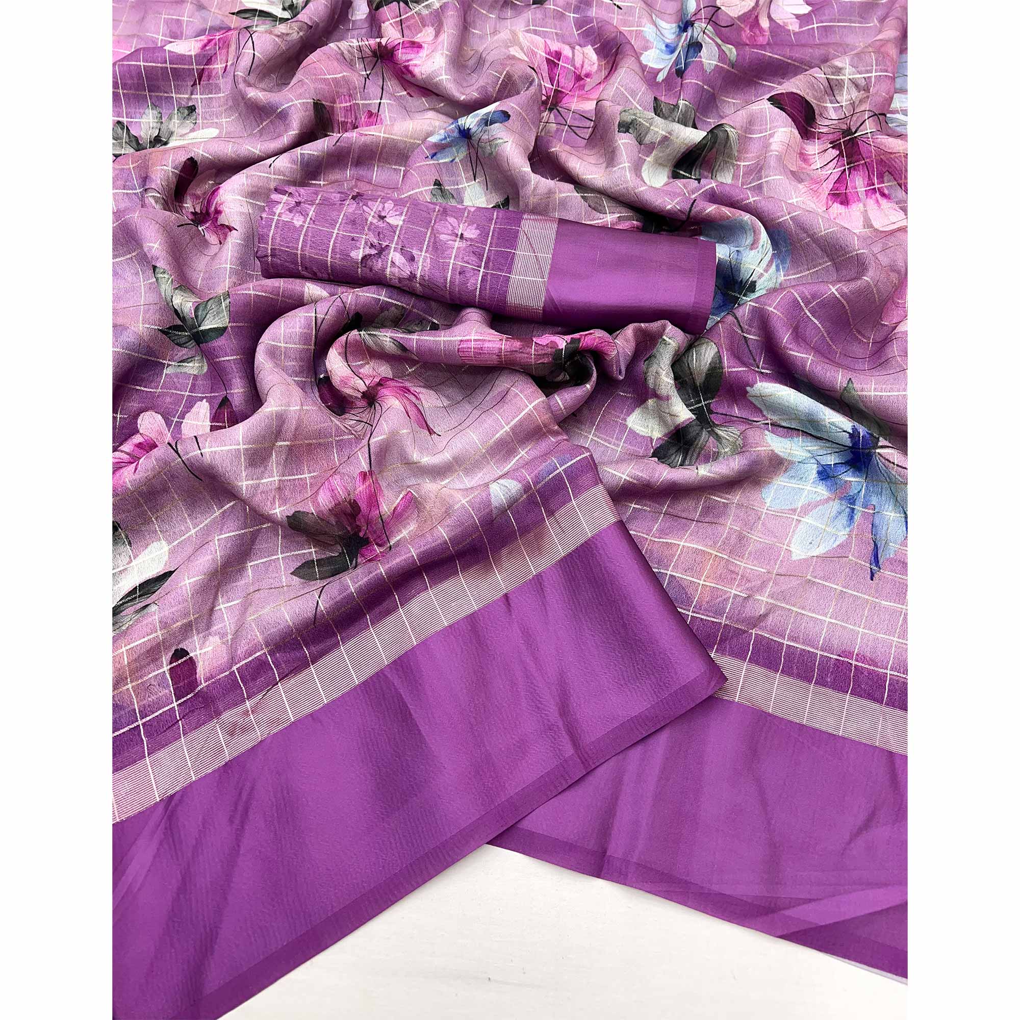 Purple Floral Digital Printed With Zari Woven Georgette Saree