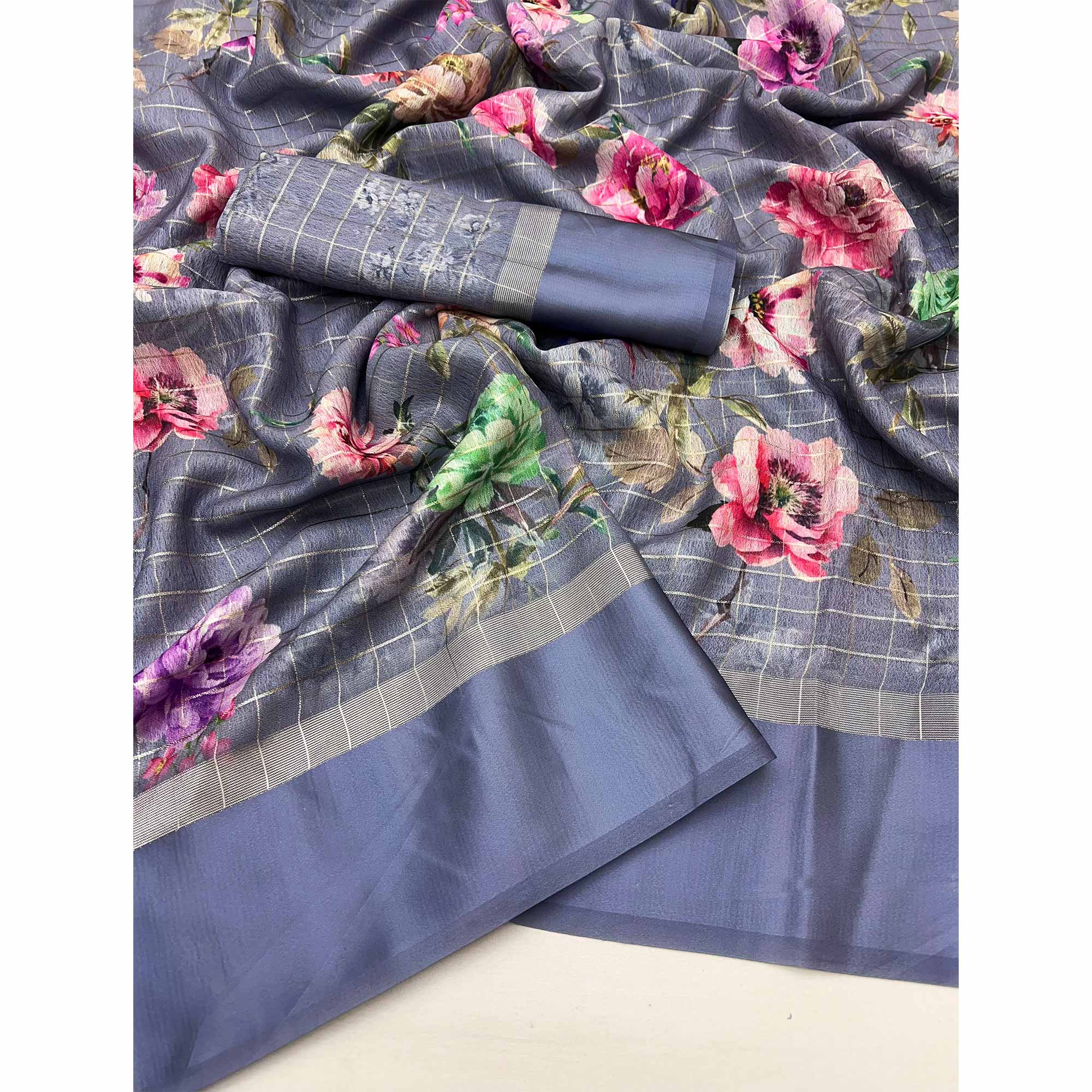 Grey Floral Digital Printed With Zari Woven Georgette Saree