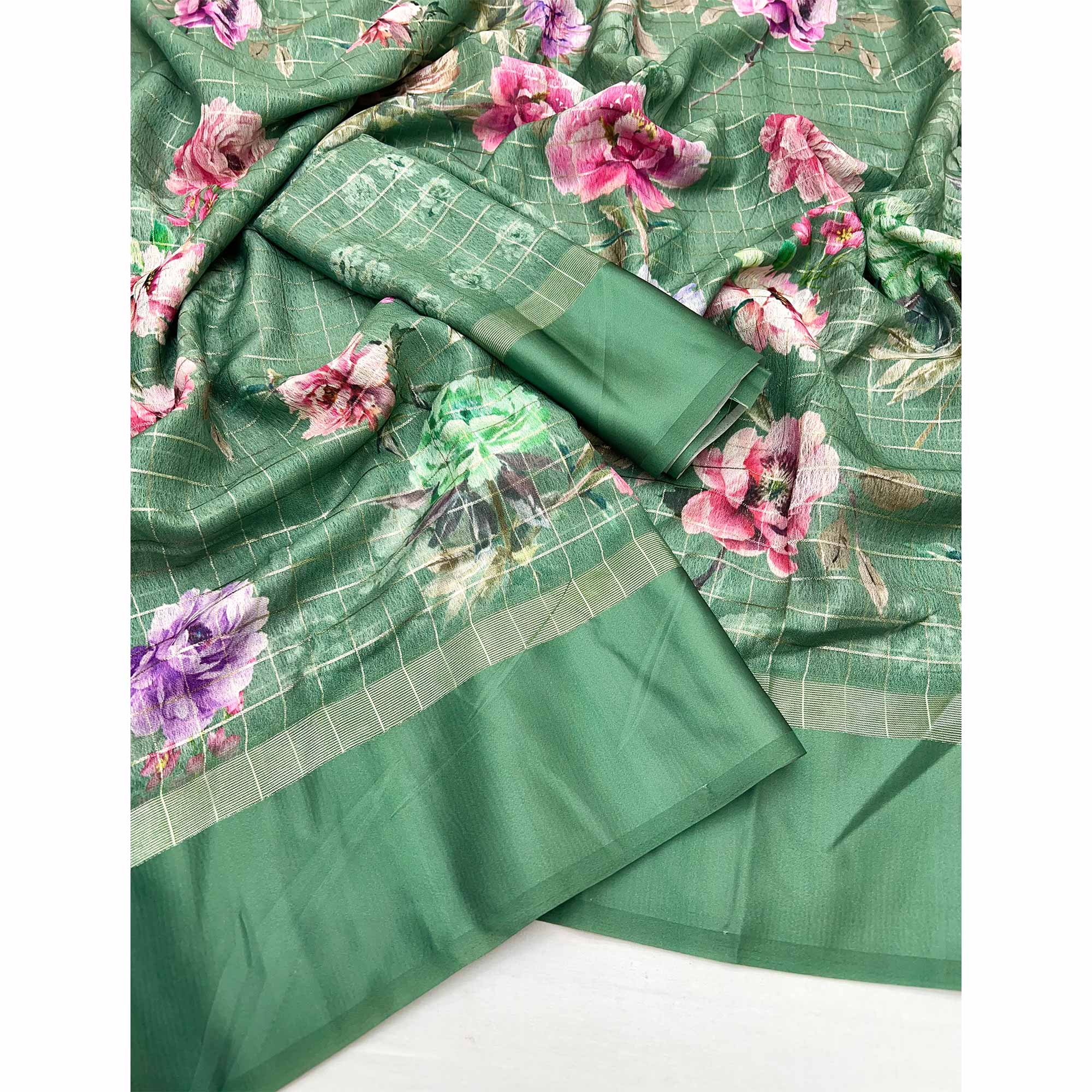 Green Floral Digital Printed With Zari Woven Georgette Saree