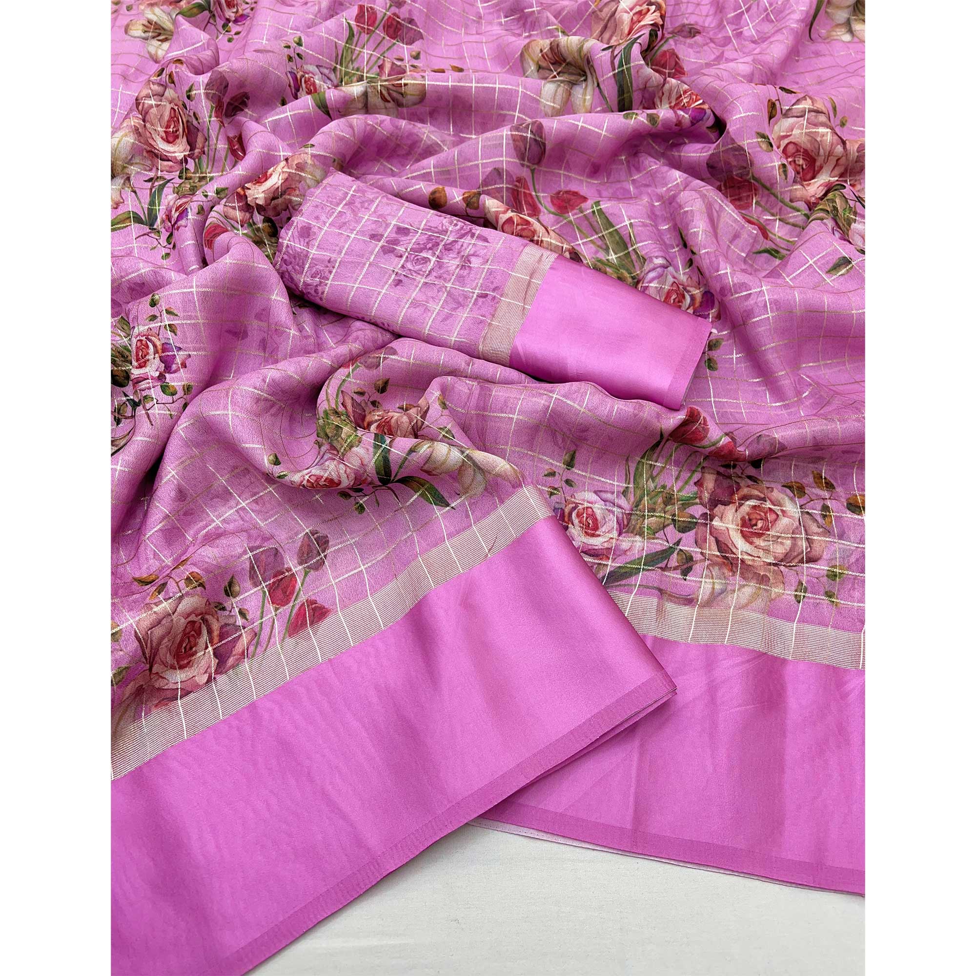 Pink Floral Digital Printed With Zari Woven Georgette Saree