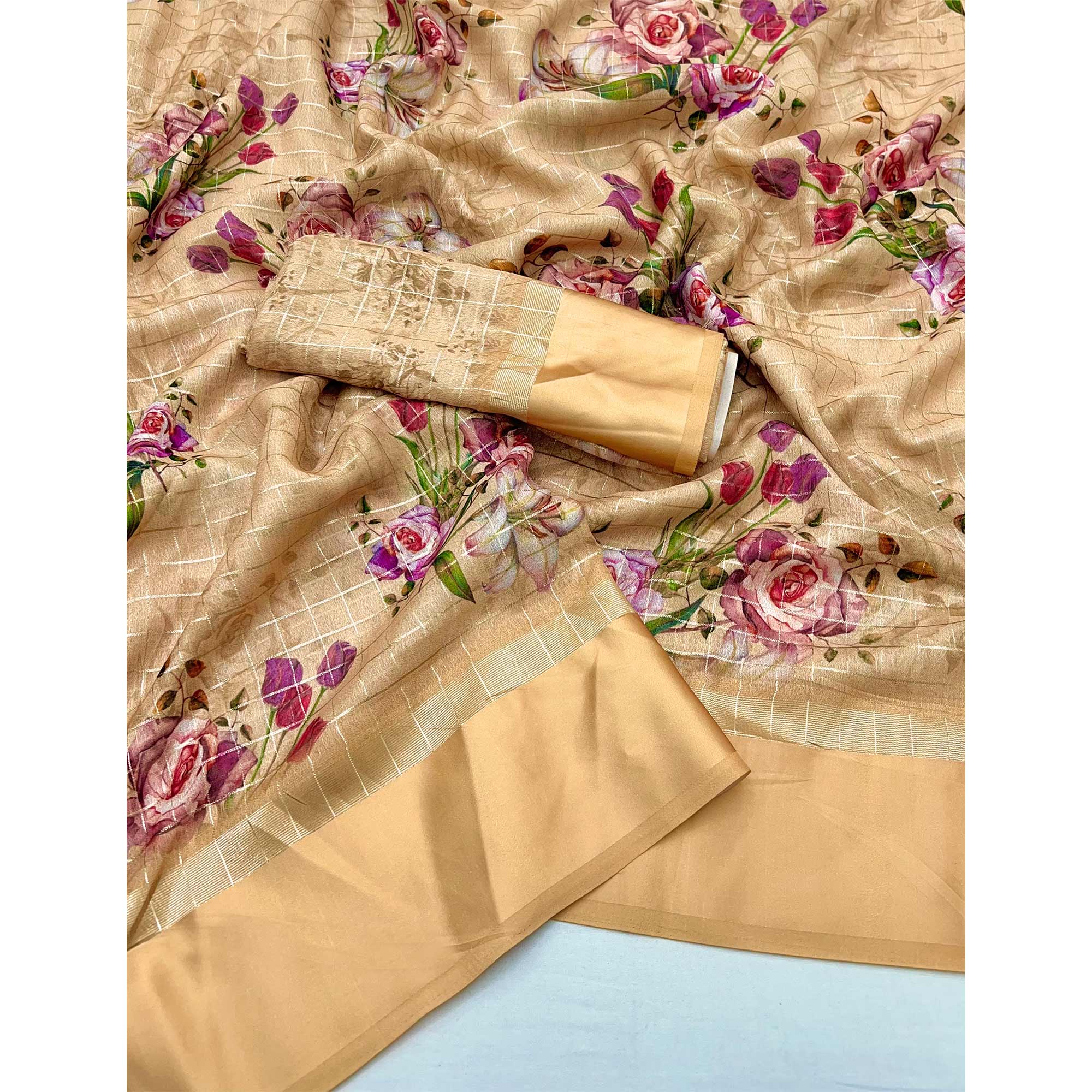 Chikoo Floral Digital Printed With Zari Woven Georgette Saree