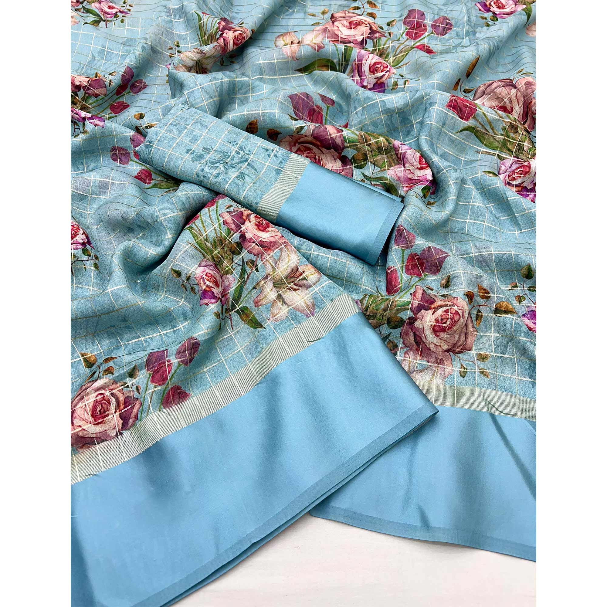 Sky Blue Floral Digital Printed With Zari Woven Georgette Saree