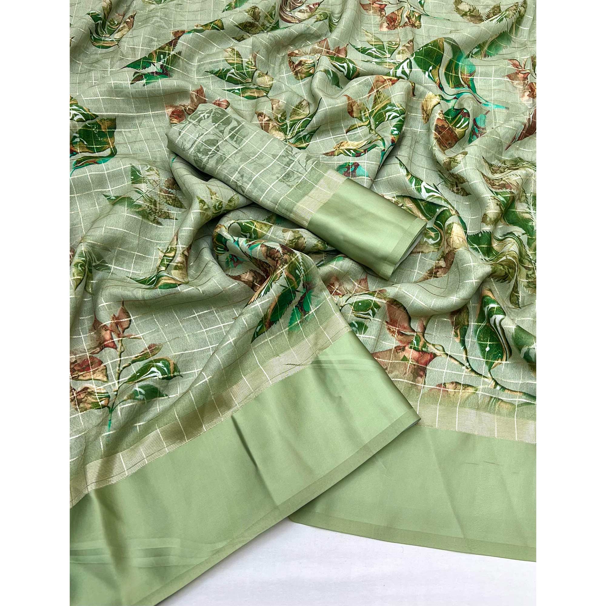 Green Floral Digital Printed With Zari Woven Georgette Saree