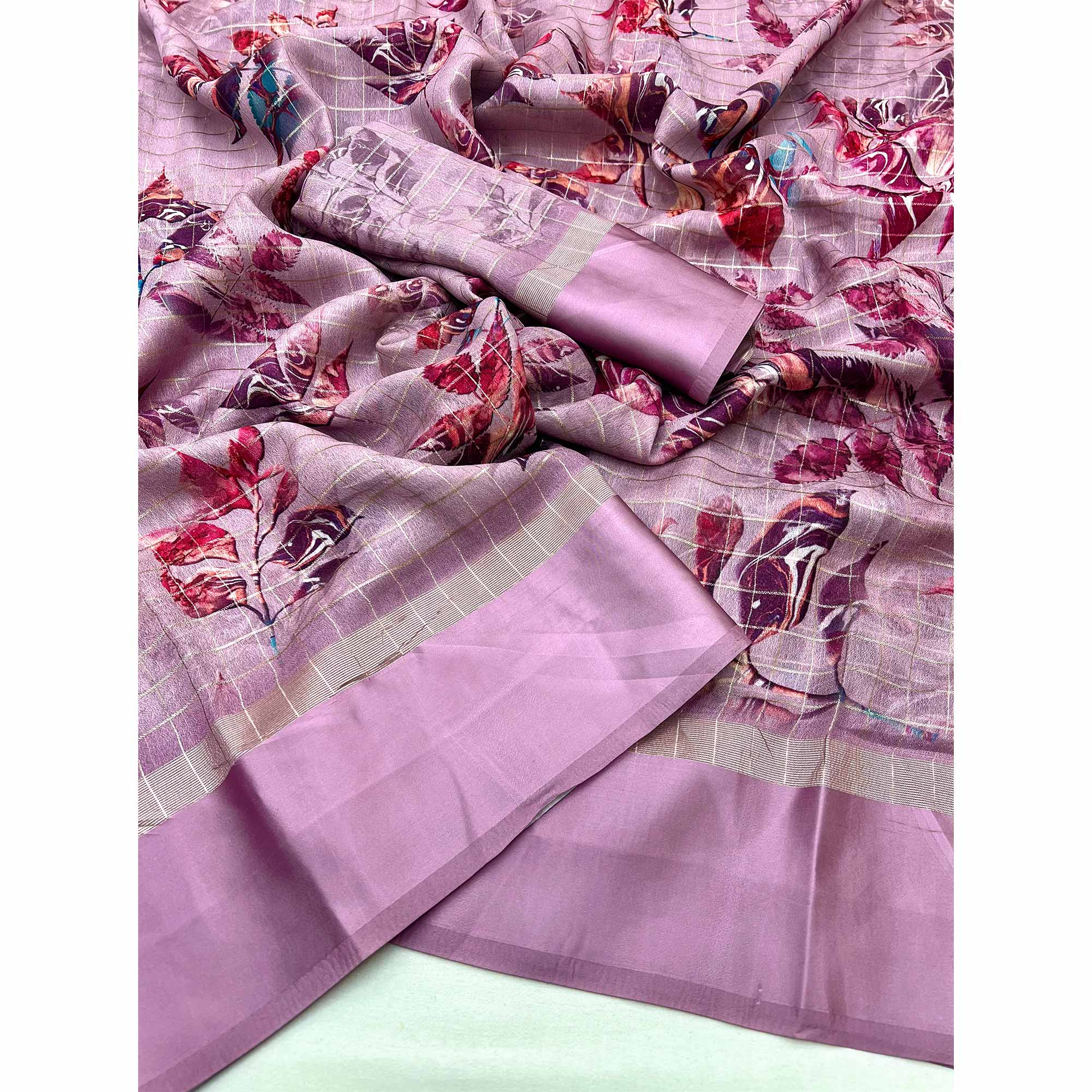 Onion Pink Floral Digital Printed With Zari Woven Georgette Saree