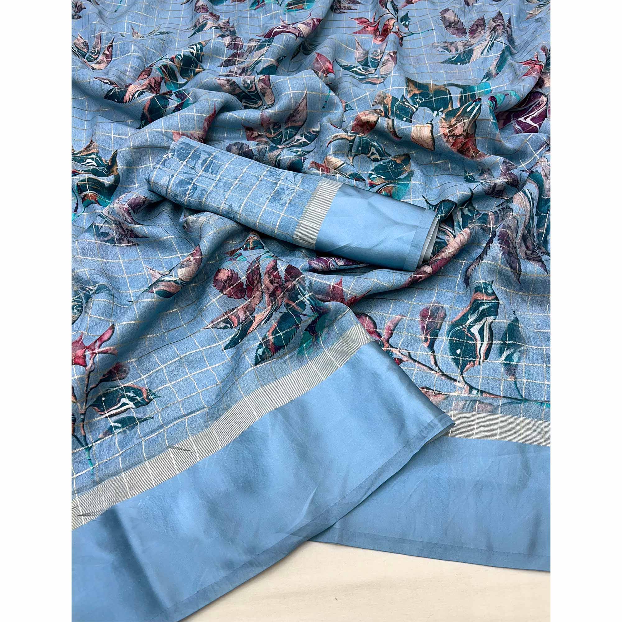 Bluyish Grey Floral Digital Printed With Zari Woven Georgette Saree
