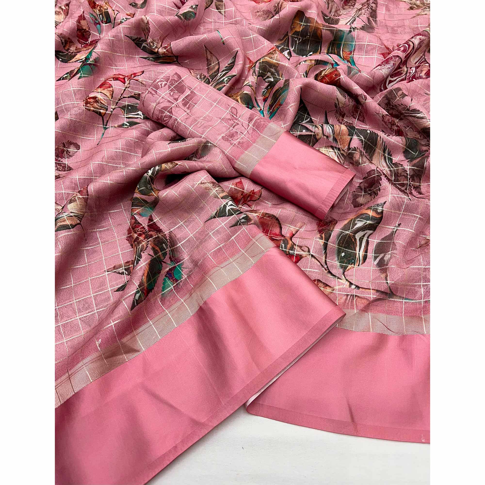 Peach Floral Digital Printed With Zari Woven Georgette Saree