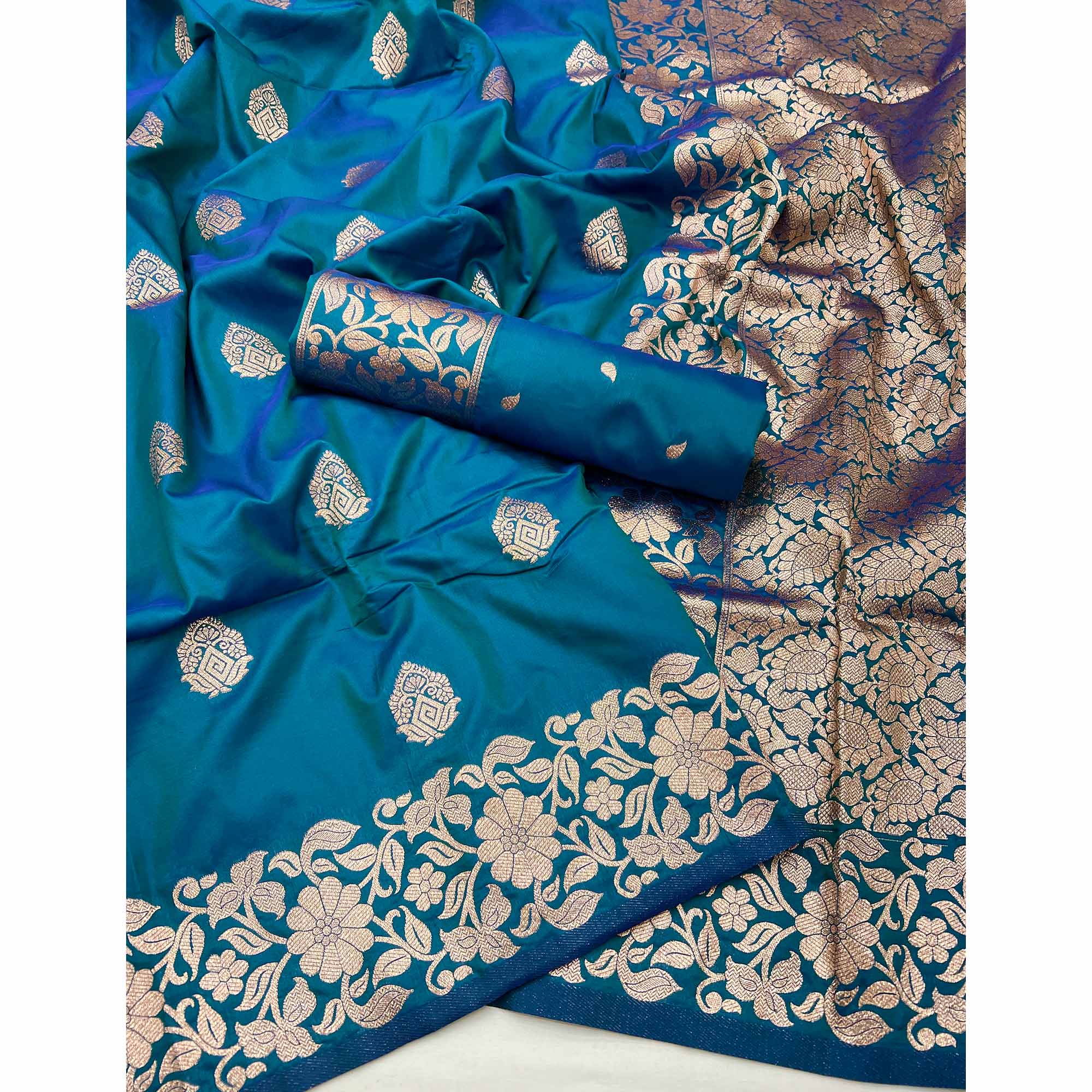 Peacock Blue Art Silk Saree With Intricate Zari Weave & Majestic Banarasi Pallu