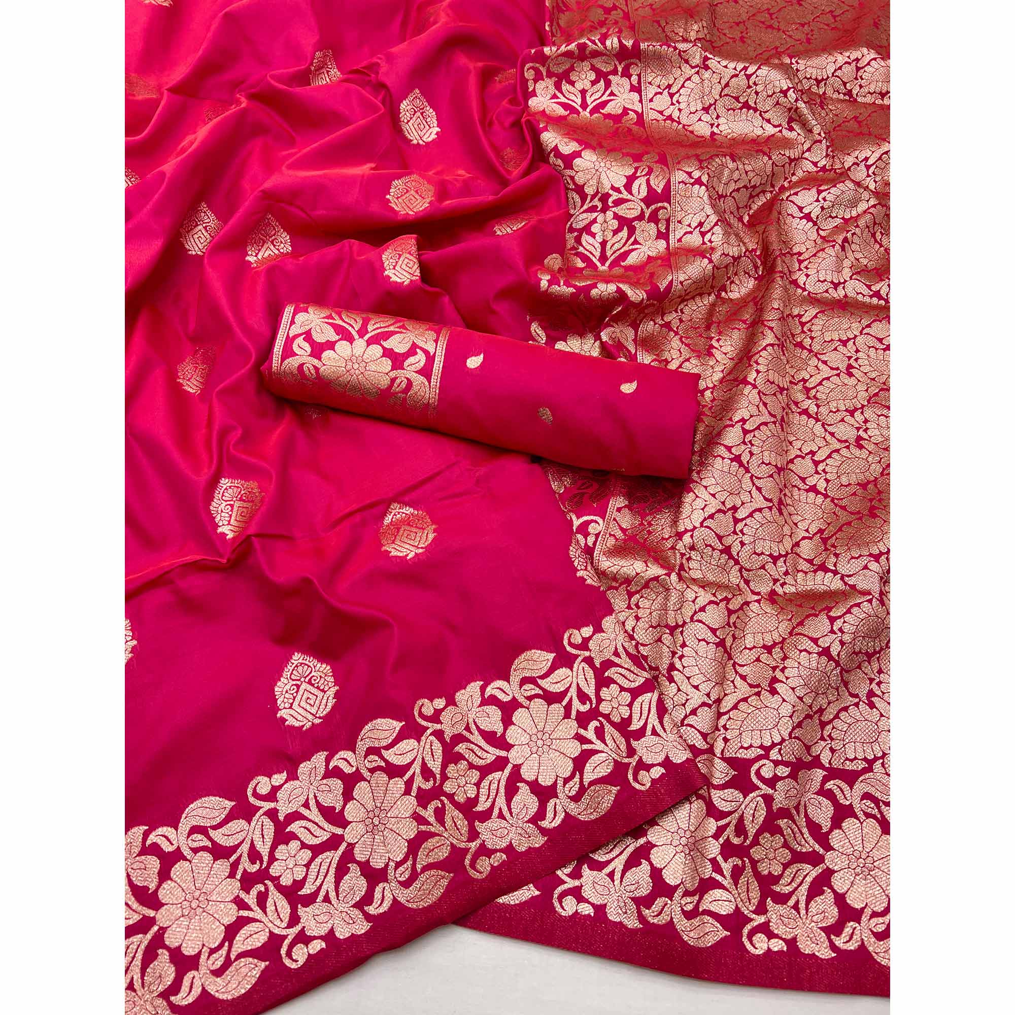 Rani Pink Art Silk Saree With Intricate Zari Weave & Majestic Banarasi Pallu