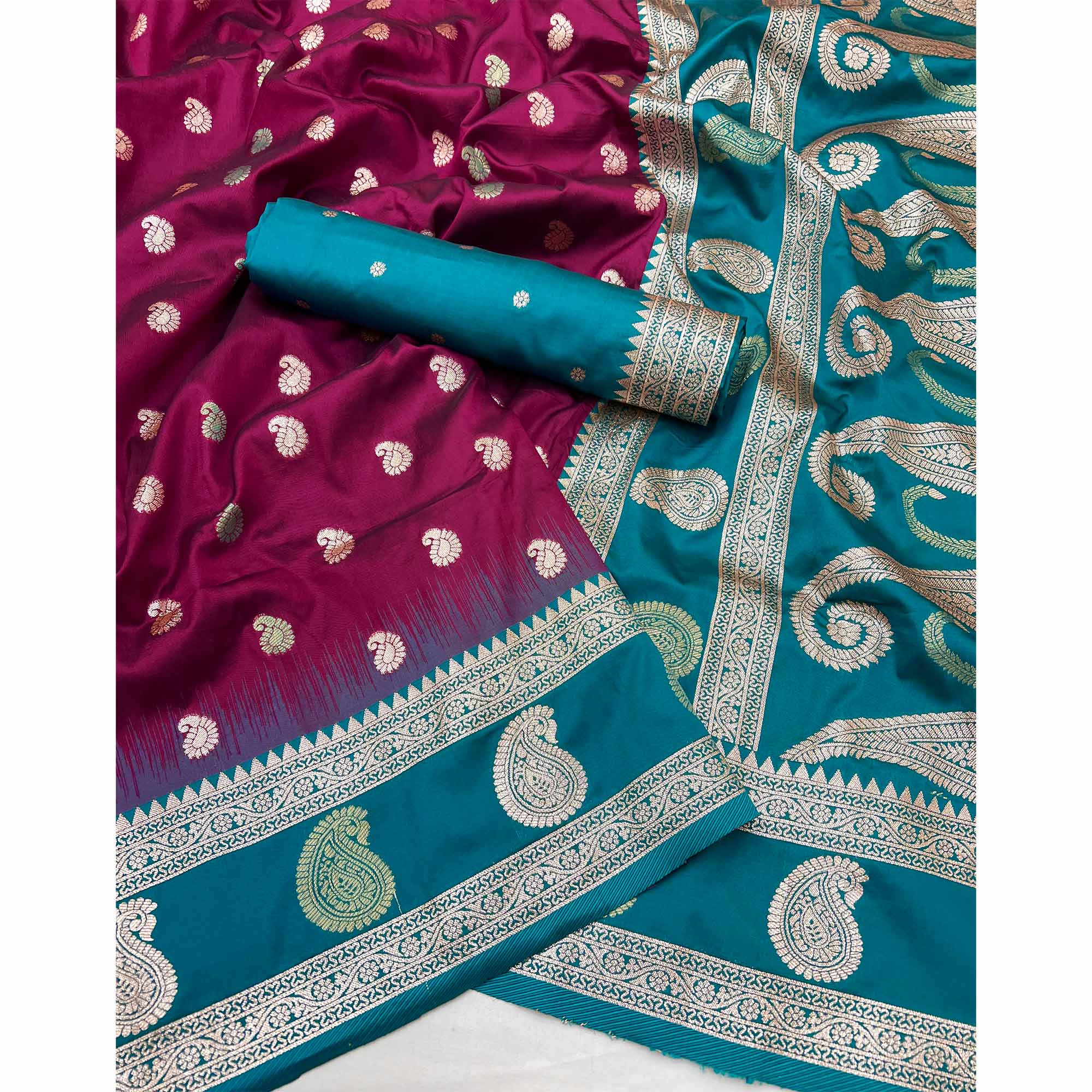 Wine Art Silk Saree Adorned With Zari Woven Paisley Motifs & Rich Banarasi Pallu