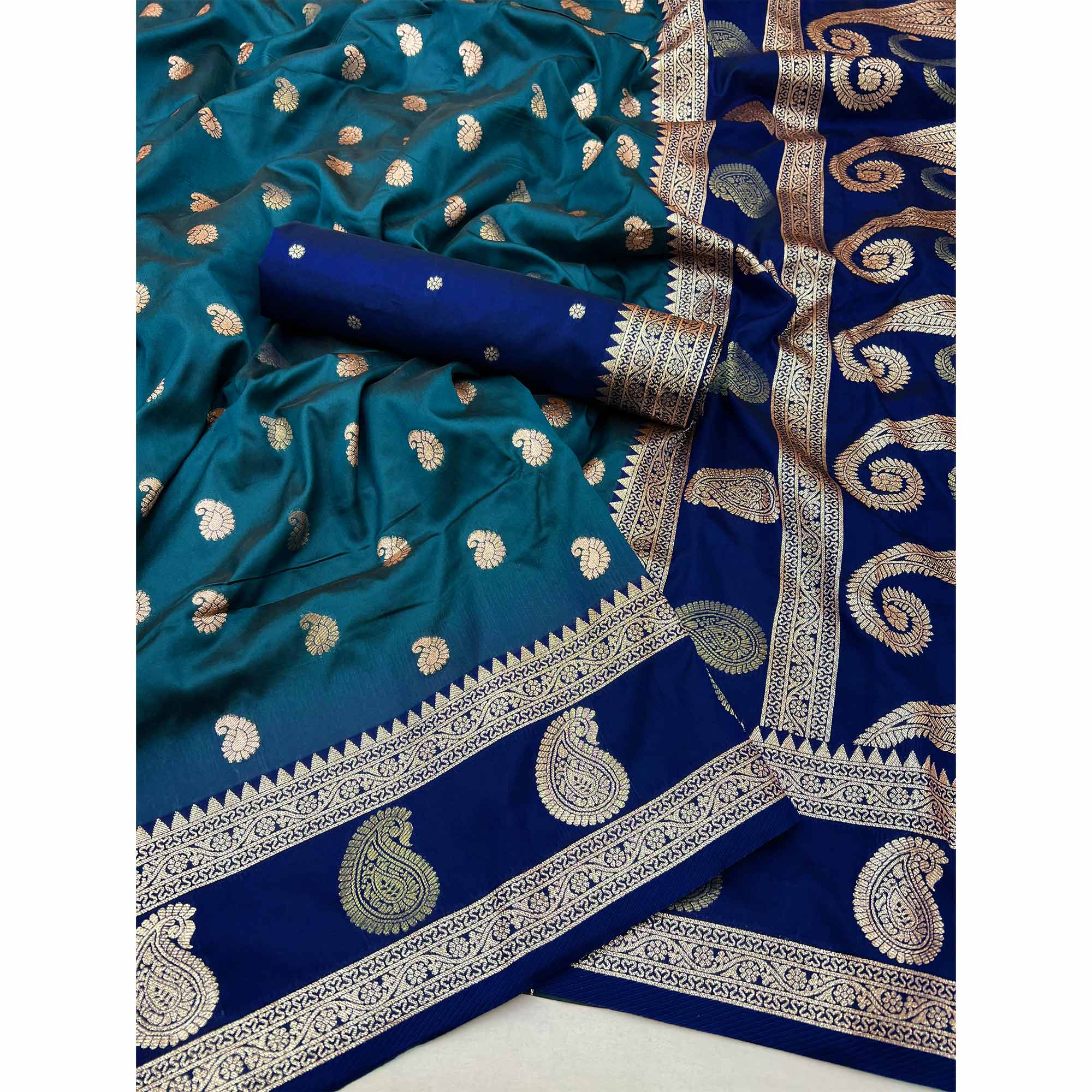 Dark Teal Blue Art Silk Saree Adorned With Zari Woven Paisley Motifs & Rich Banarasi Pallu