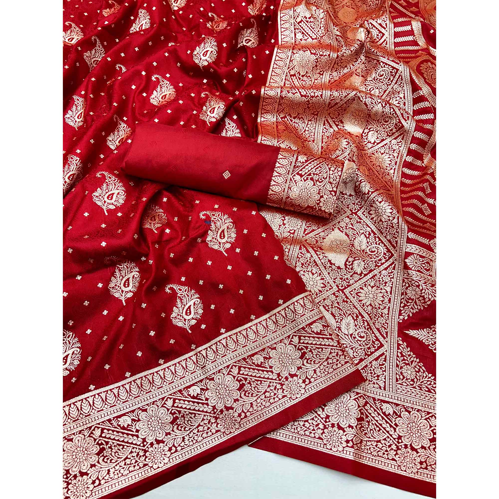 Red Zari Woven Saree in Soft Art Silk with Heritage Paisley Designs