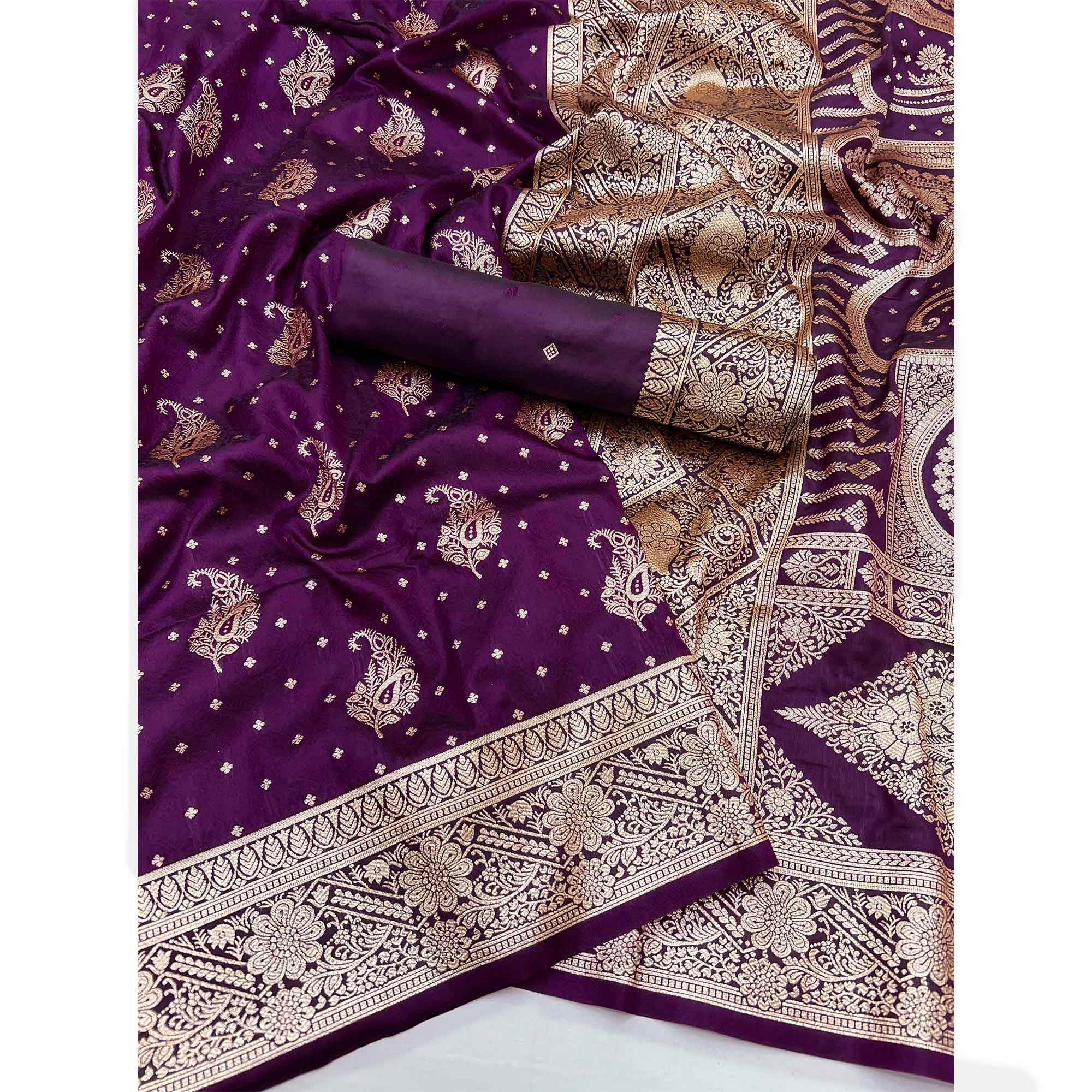 Purple Zari Woven Saree in Soft Art Silk with Heritage Paisley Designs