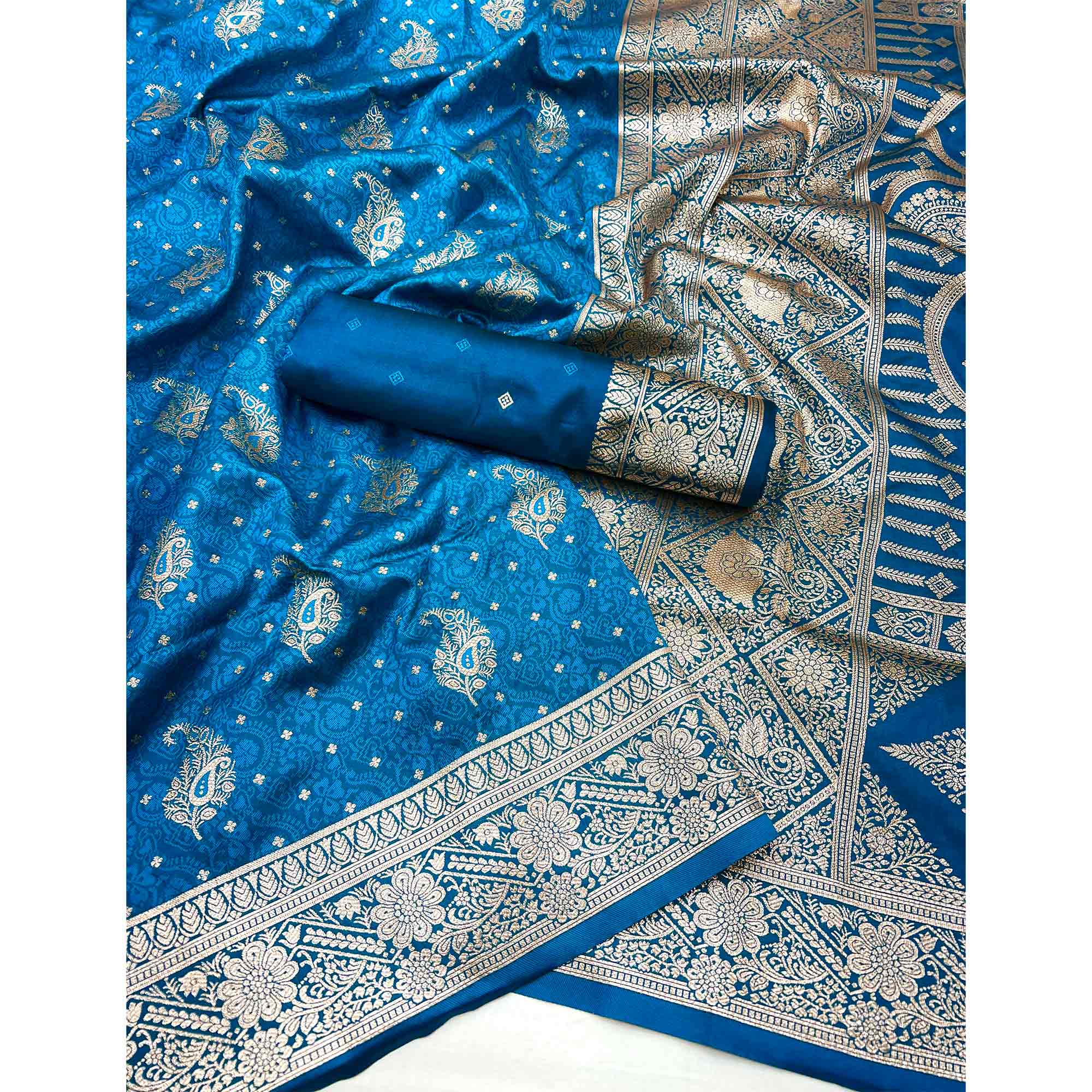 Blue Zari Woven Saree in Soft Art Silk with Heritage Paisley Designs