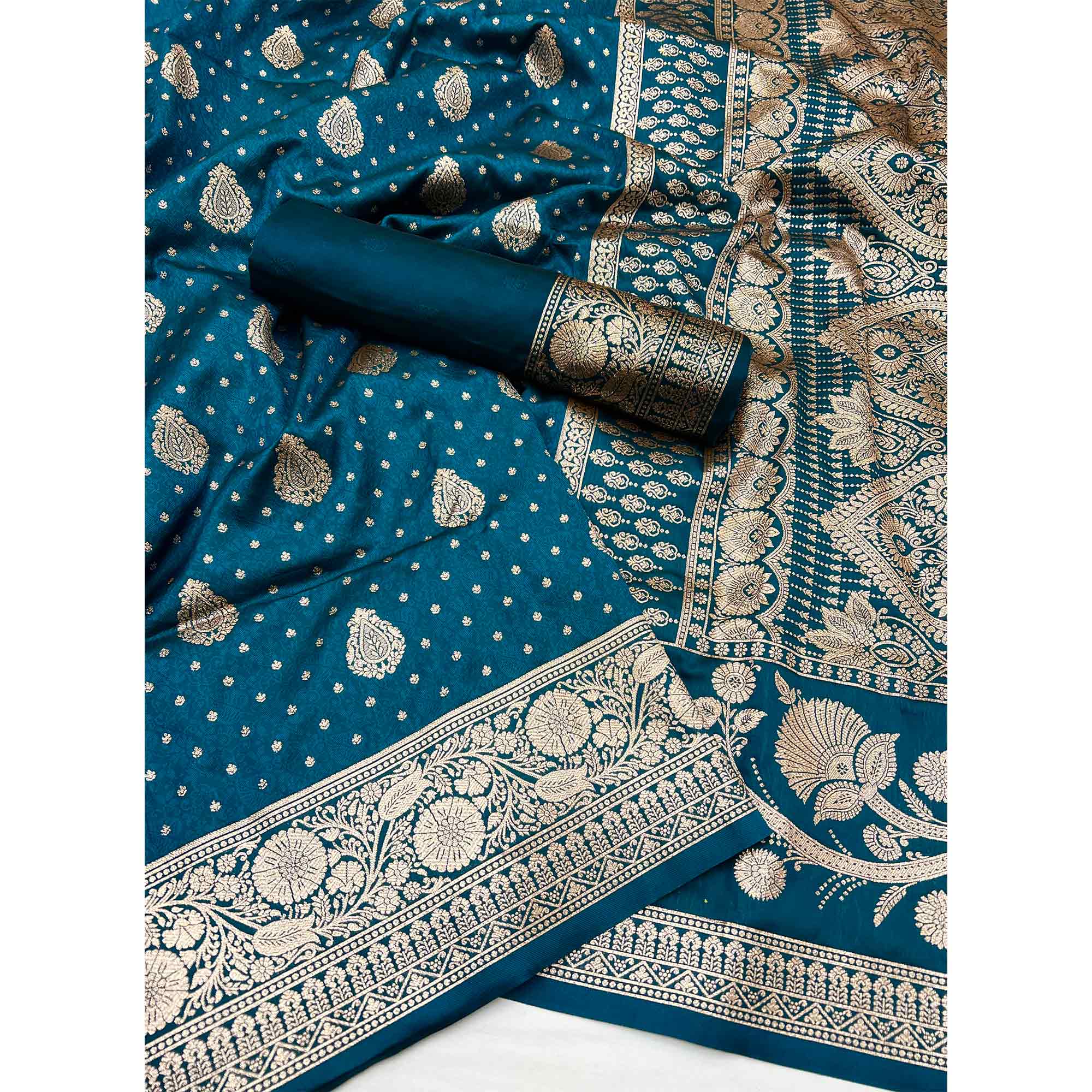 Teal Art Silk Saree with Graceful Zari Floral Designs for Wedding and Festive Wear