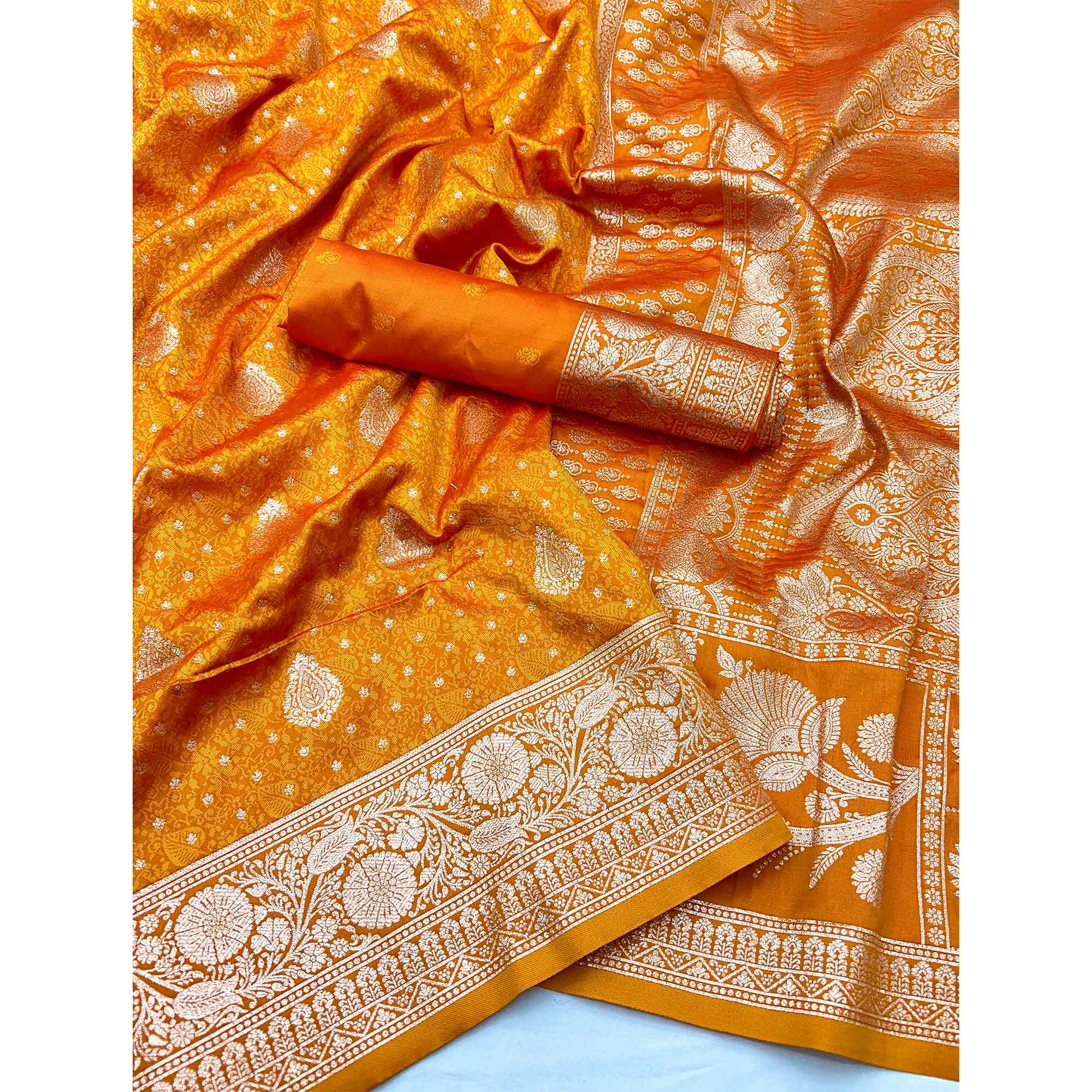 Mustard Art Silk Saree with Graceful Zari Floral Designs for Wedding and Festive Wear