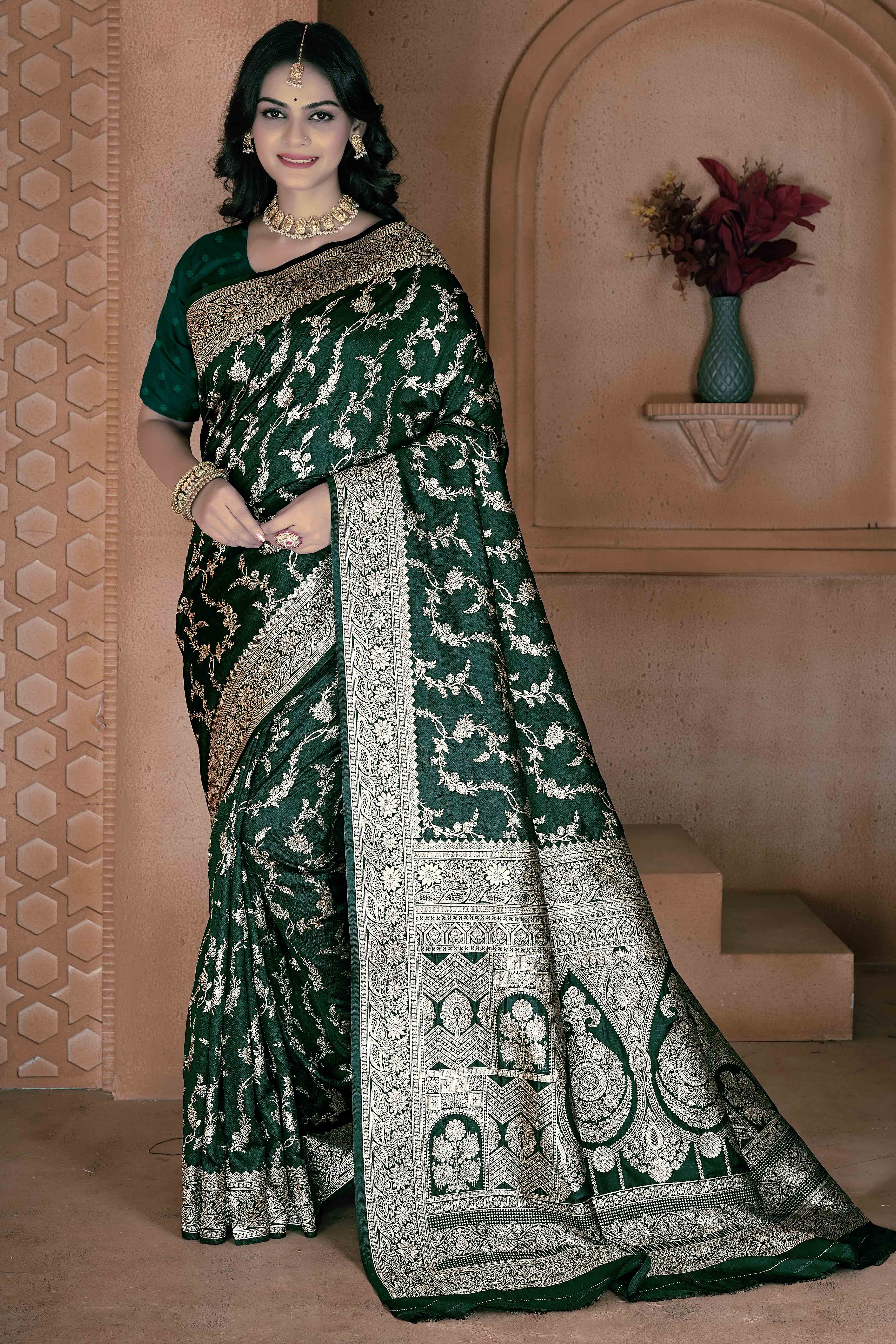 Green Saree in Art Silk Featuring Traditional Zari Woven Floral Motifs for Special Occasions