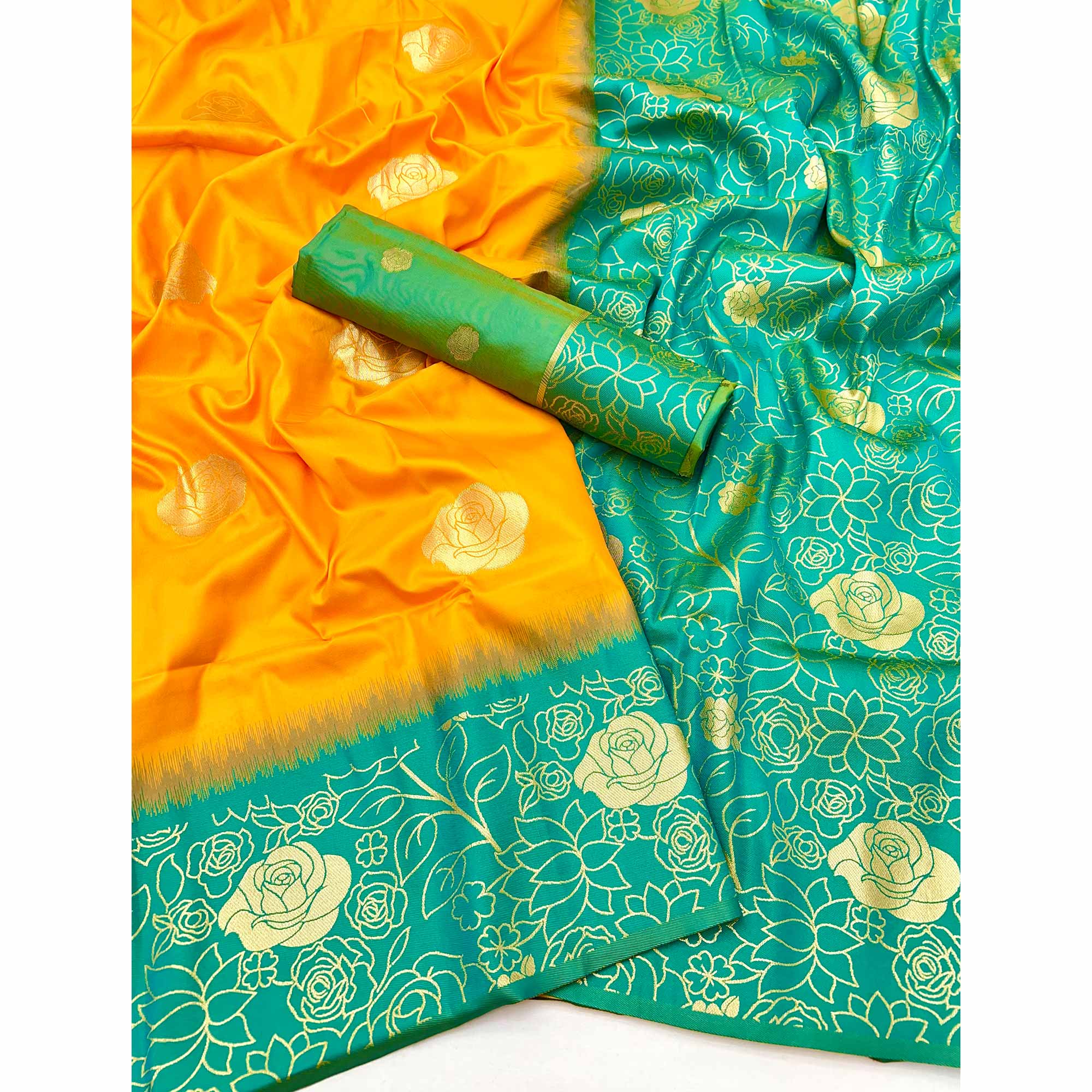Mustard Art Silk Saree Embellished With Delicate Floral Zari Weaving Craftsmanship