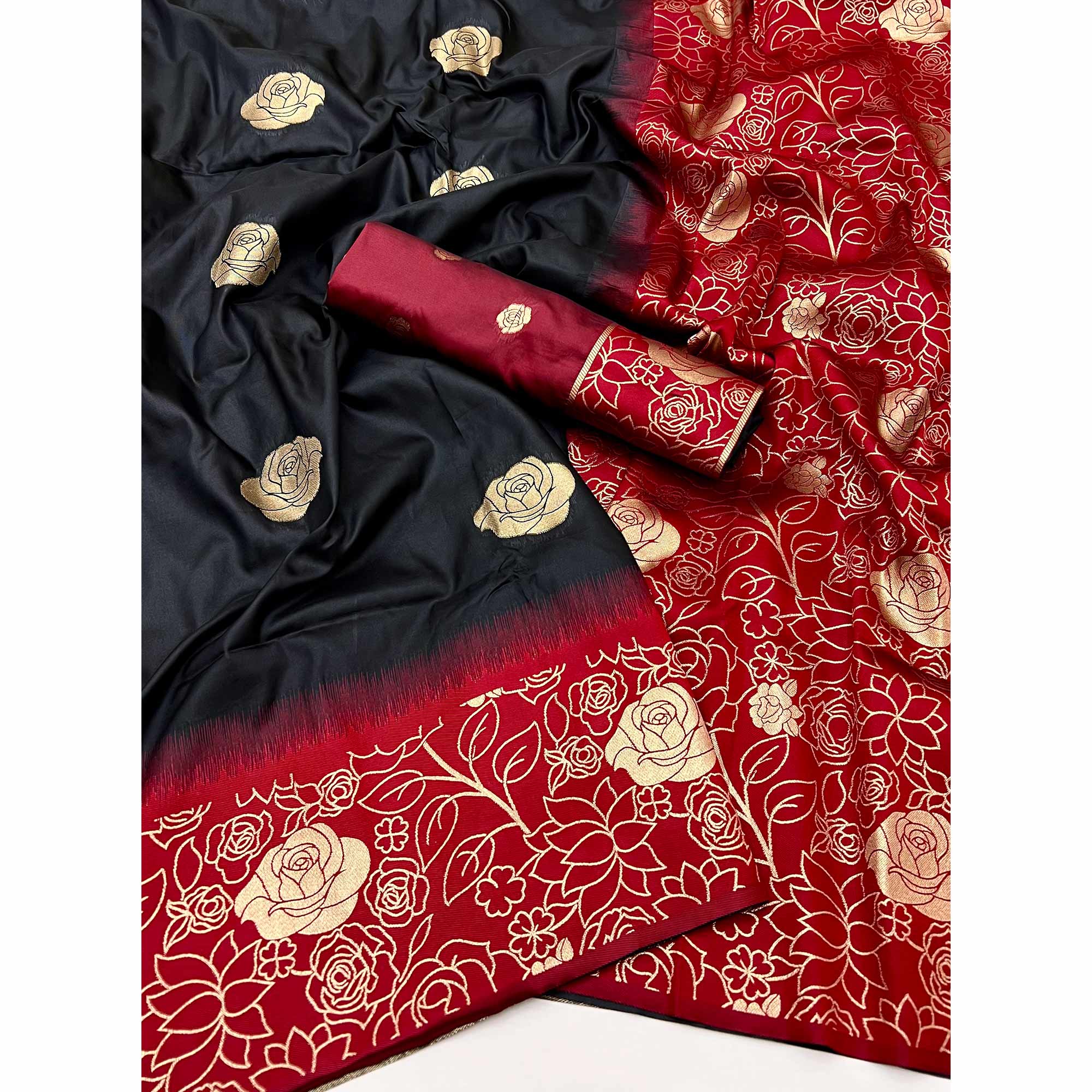 Black Art Silk Saree Embellished With Delicate Floral Zari Weaving Craftsmanship