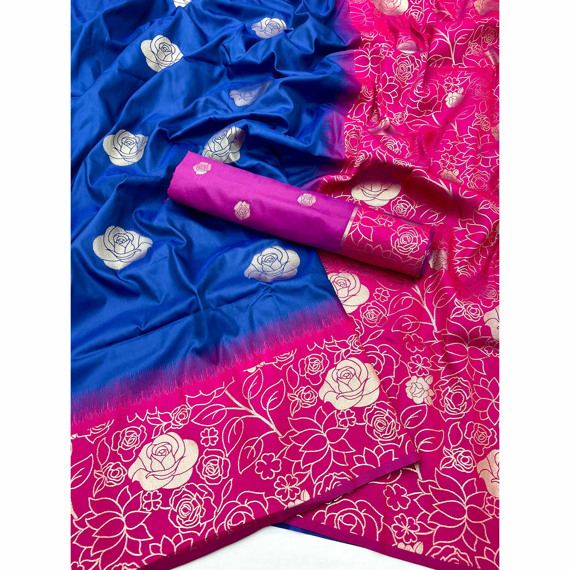 Blue Art Silk Saree Embellished With Delicate Floral Zari Weaving Craftsmanship