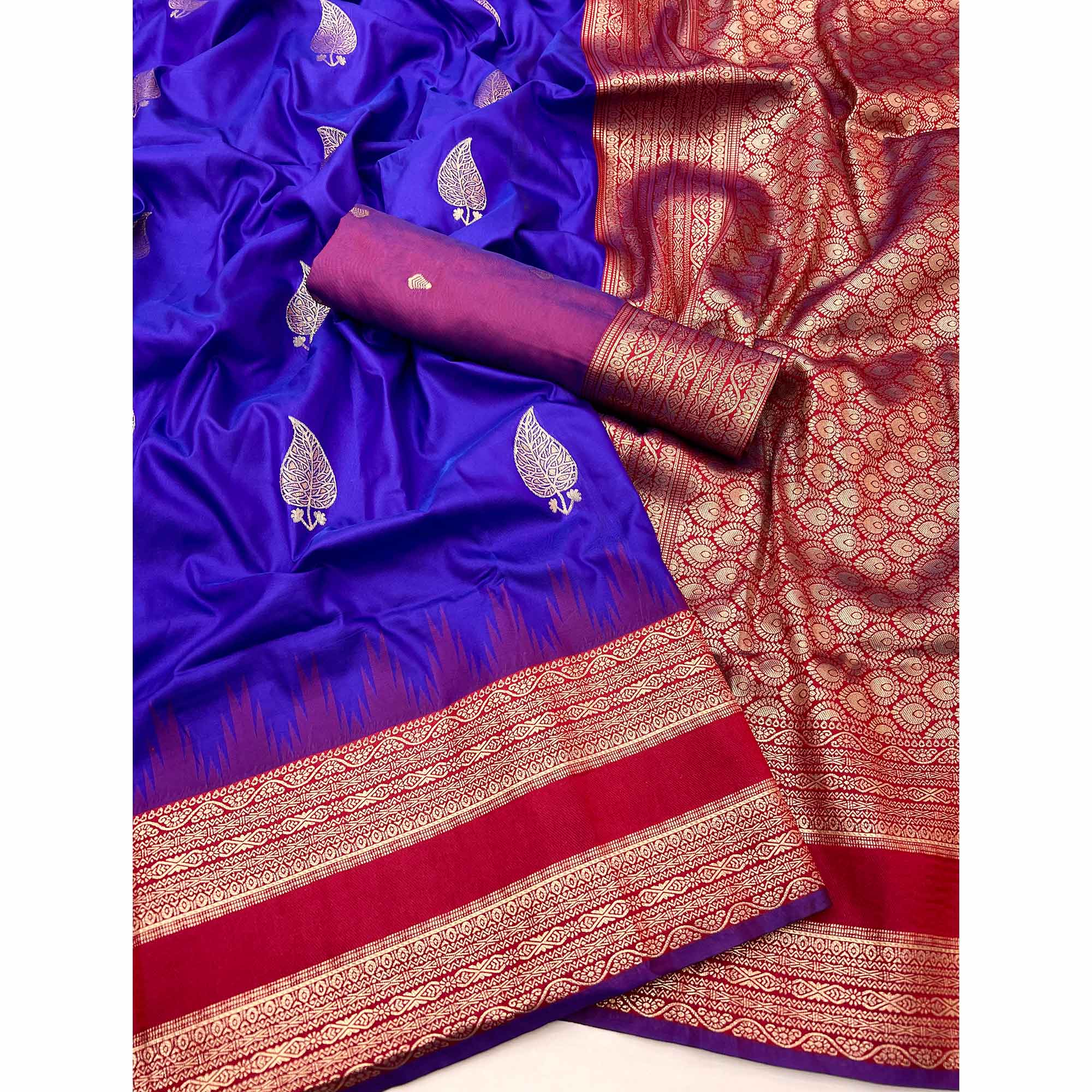 Blue Zari Woven Art Silk Saree Featuring Delicate Floral Motifs & Regal Banarasi Pallu