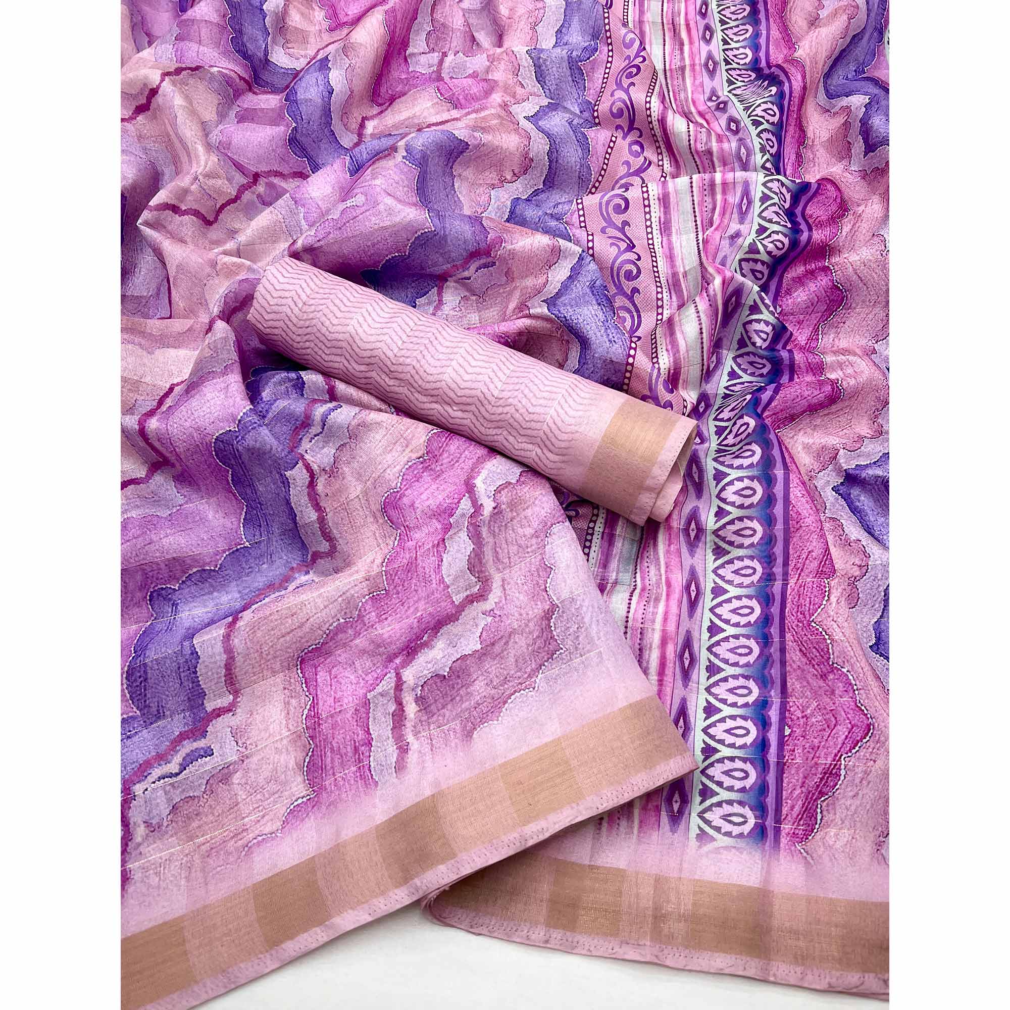 Purple Cotton Silk Saree With Artistic Digital Prints & Zari Weaving