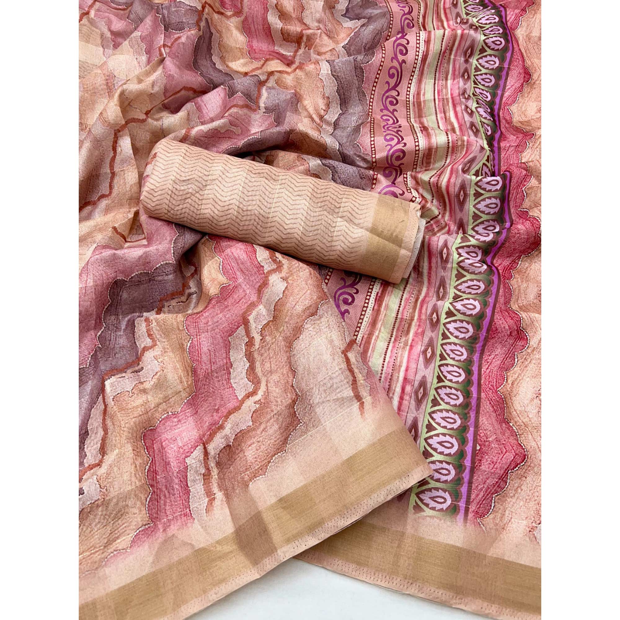 Peach Cotton Silk Saree With Artistic Digital Prints & Zari Weaving