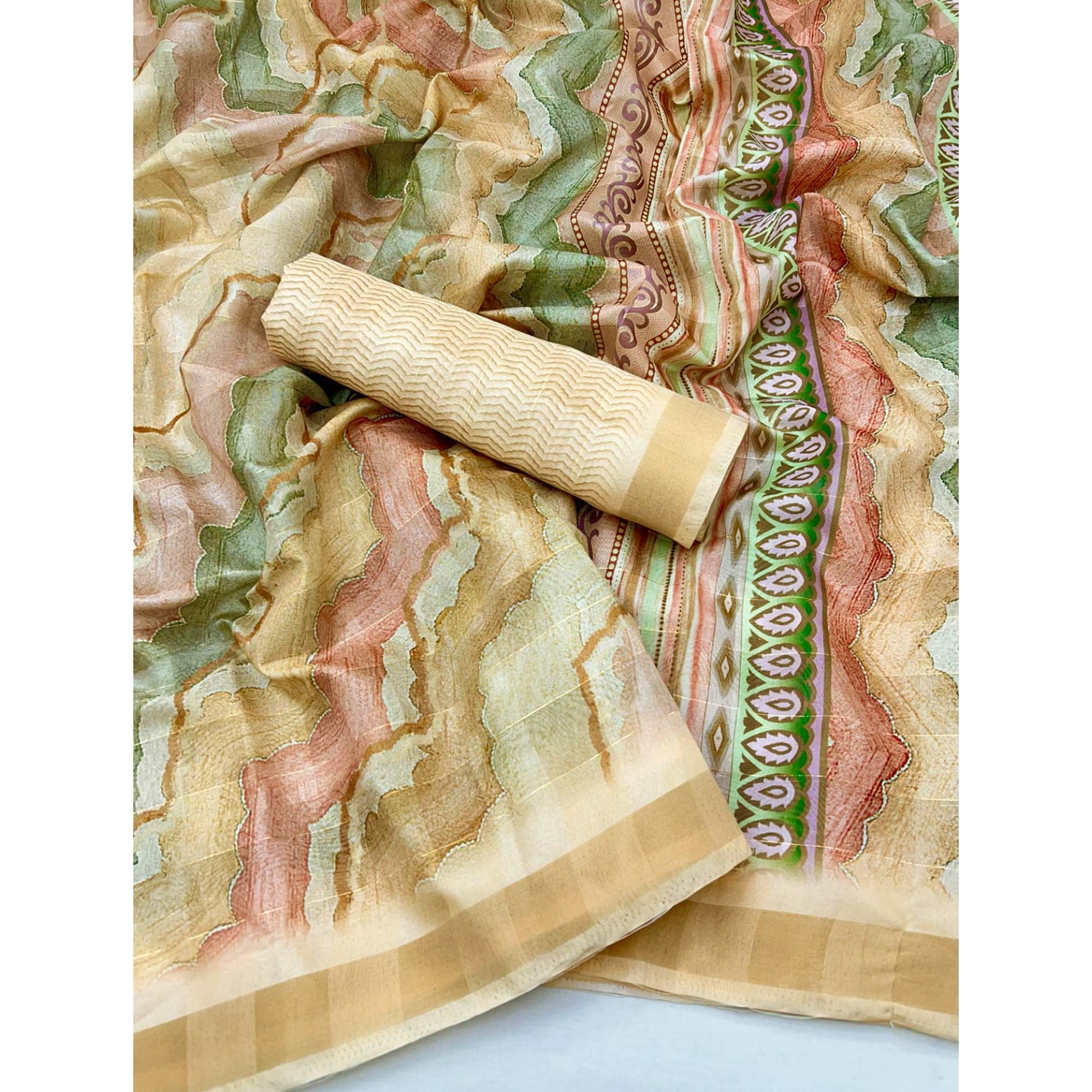 Cream Cotton Silk Saree With Artistic Digital Prints & Zari Weaving