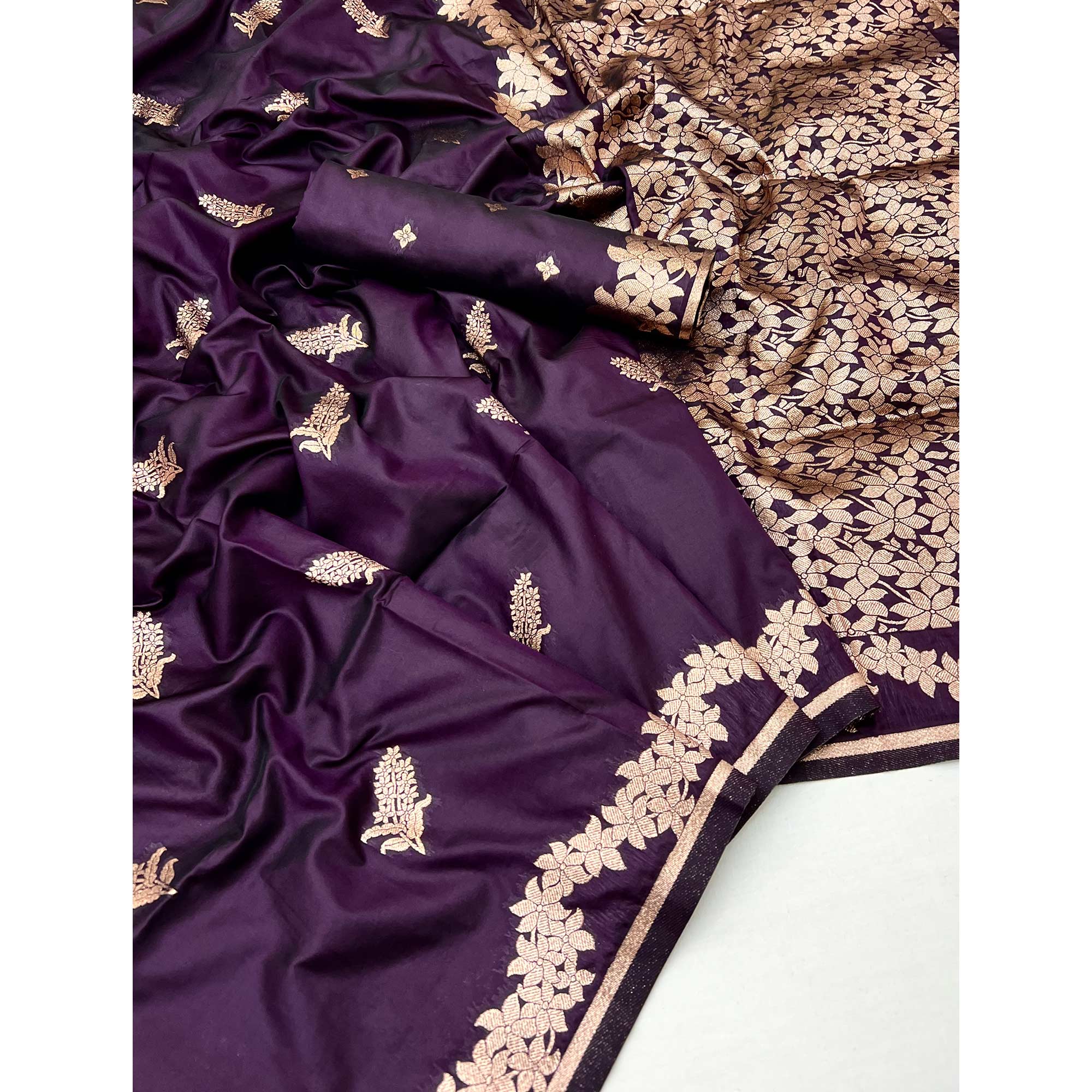 Wine Art Silk Saree With Intricate Floral Zari Weaving & Banarasi Pallu