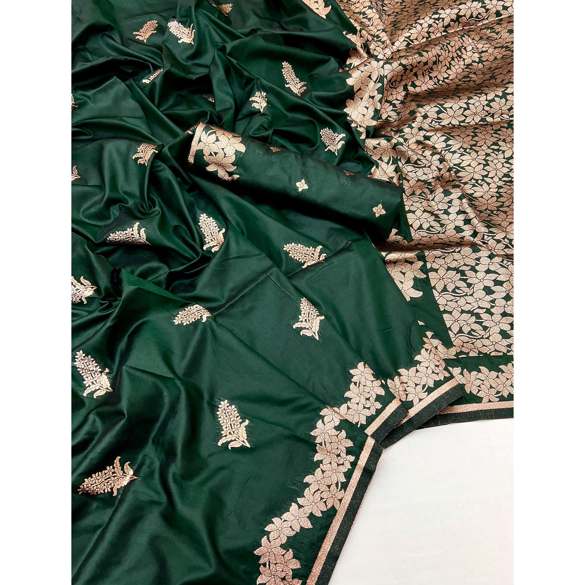 Bottle Green Art Silk Saree With Intricate Floral Zari Weaving & Banarasi Pallu