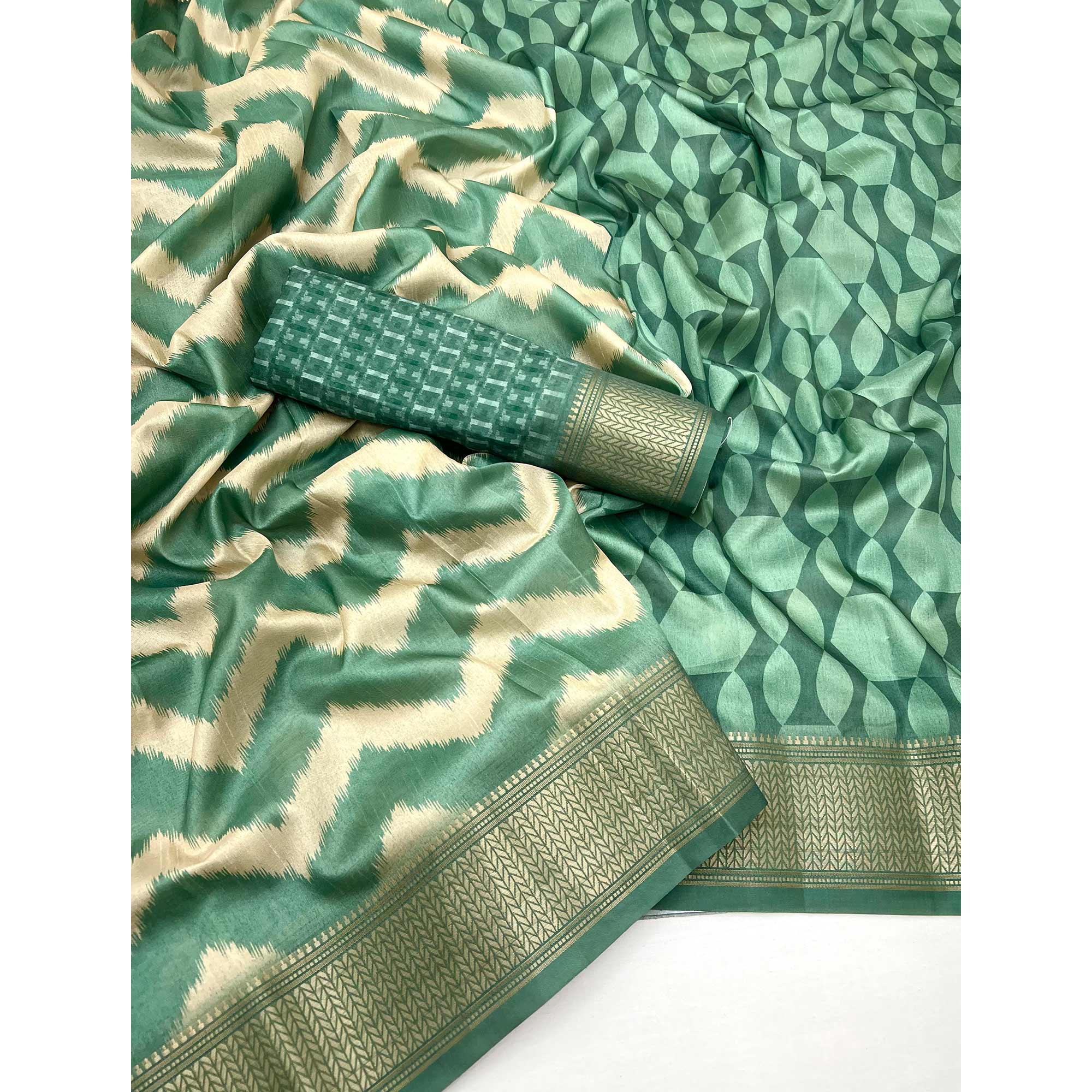 Green Digital Printed Dola Silk Saree Accented With Elegant Zari Woven Border