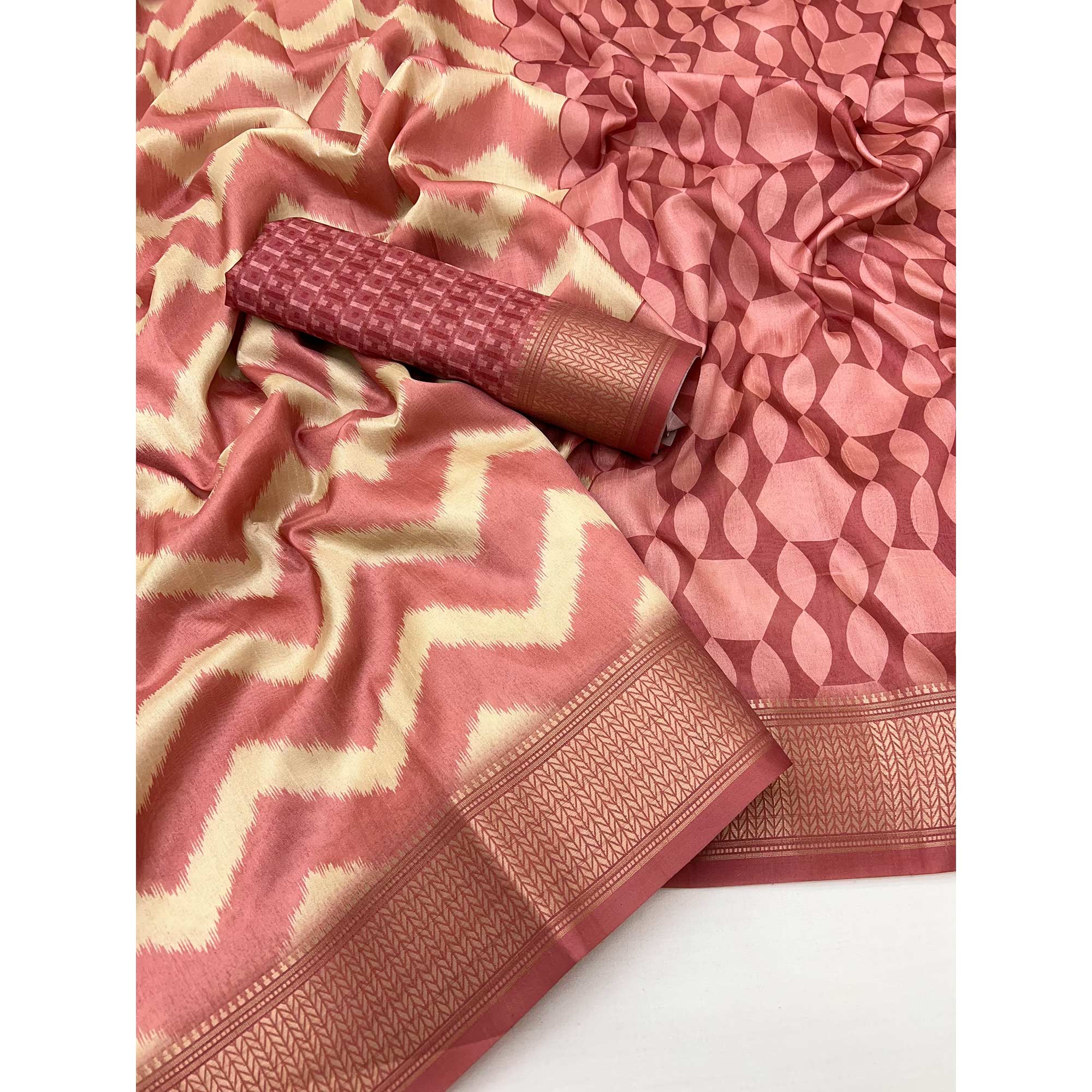 Pink Digital Printed Dola Silk Saree Accented With Elegant Zari Woven Border