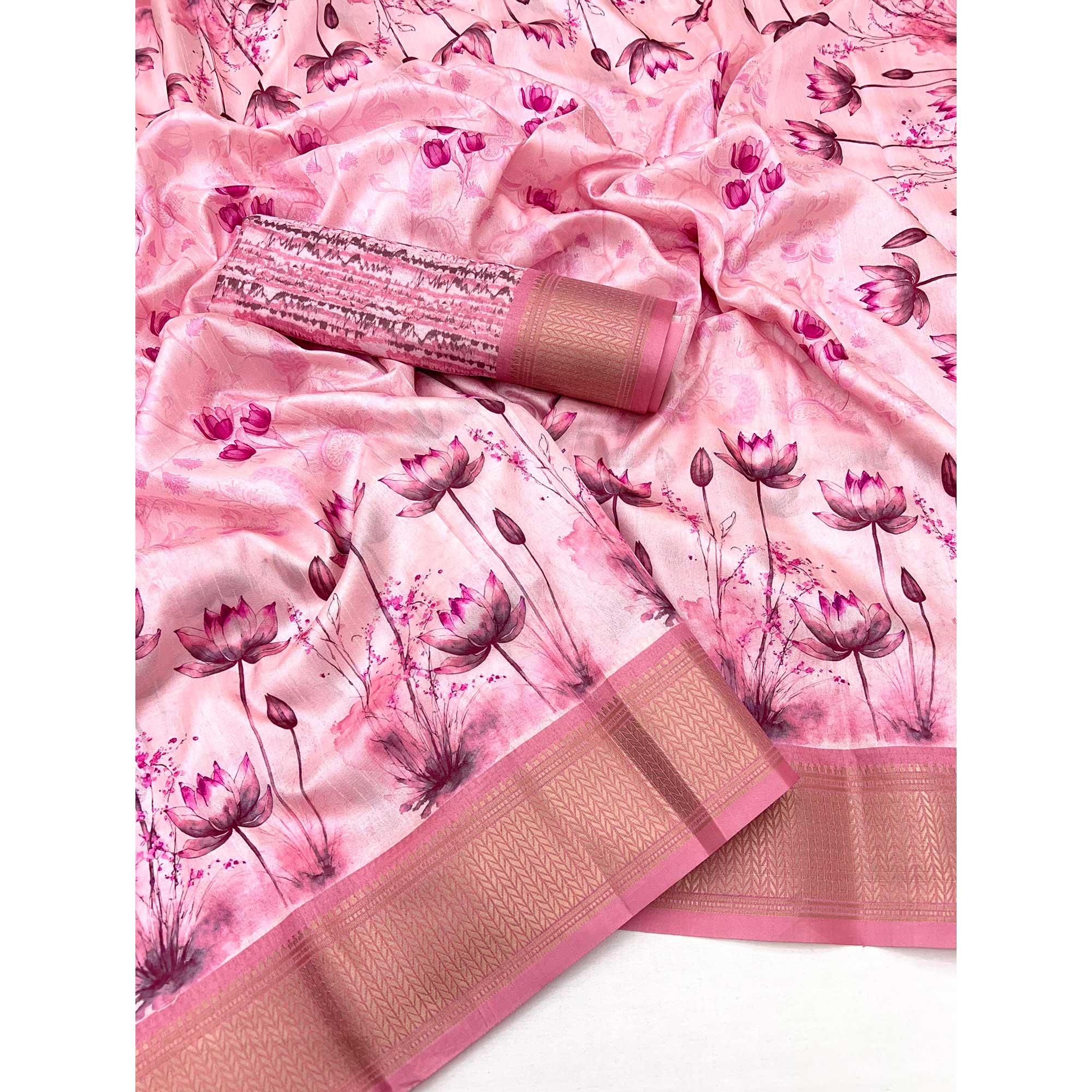 Pink Floral Digital Printed Dola Silk Saree Accented With Elegant Zari Woven Border