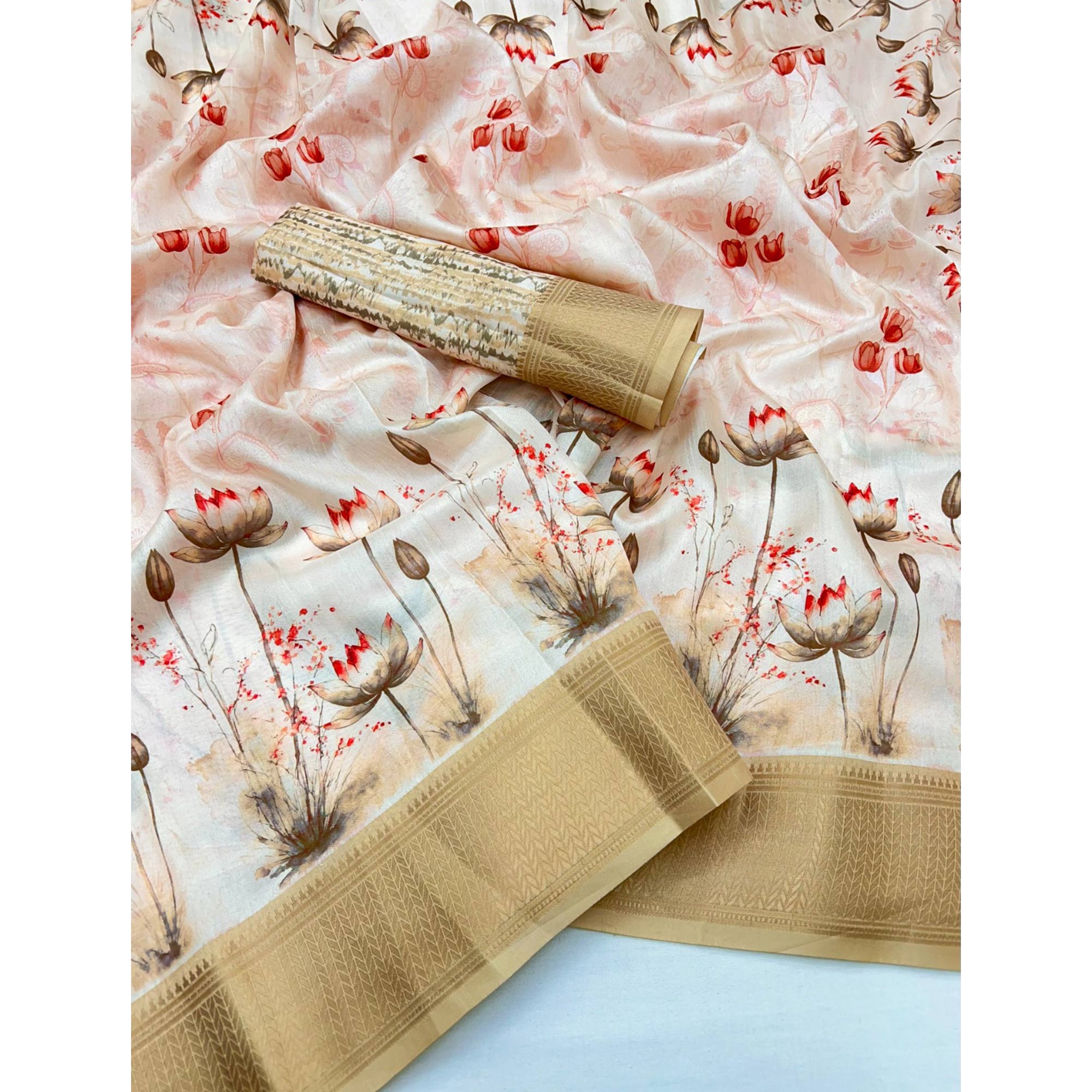 Cream Floral Digital Printed Dola Silk Saree Accented With Elegant Zari Woven Border