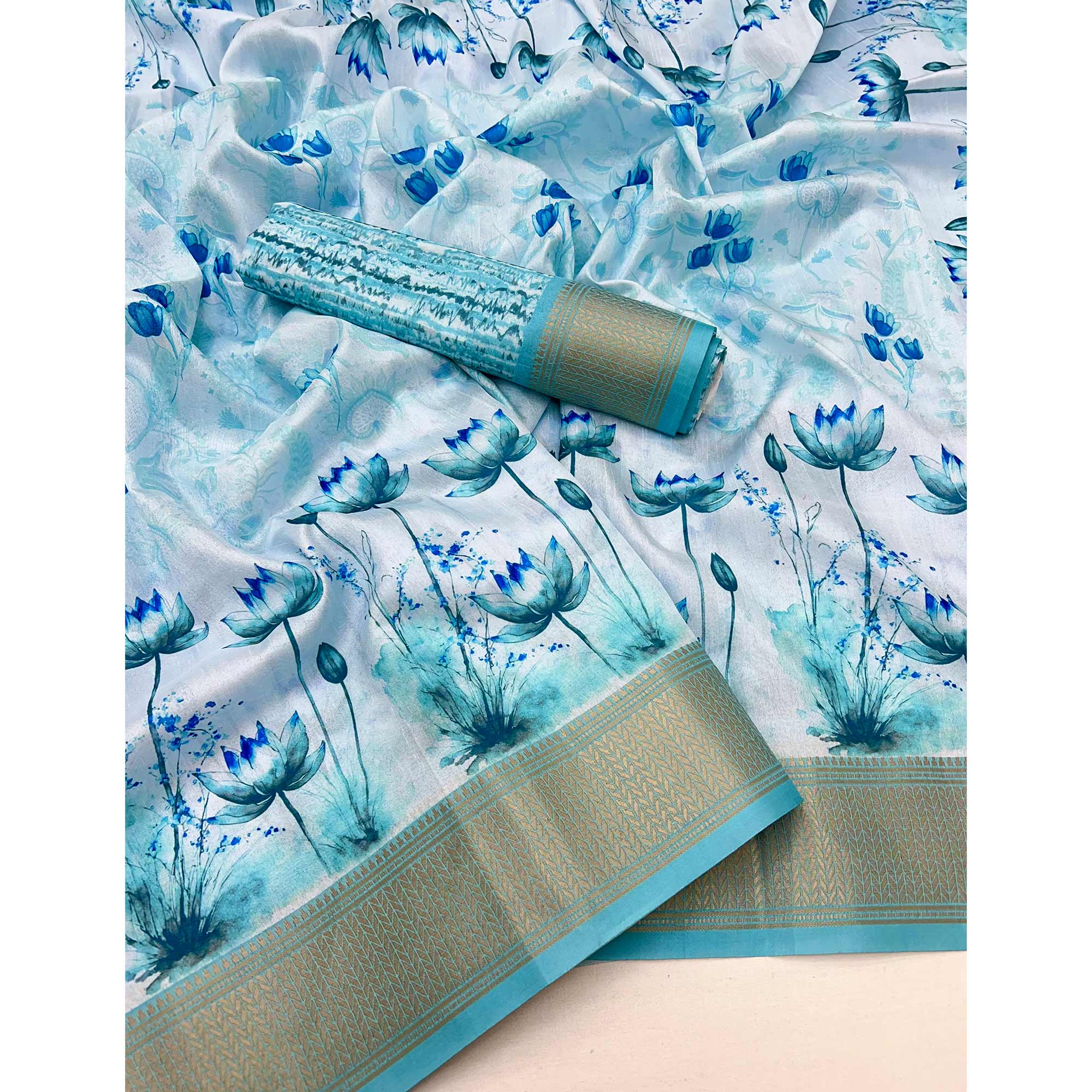 Blue Floral Digital Printed Dola Silk Saree Accented With Elegant Zari Woven Border