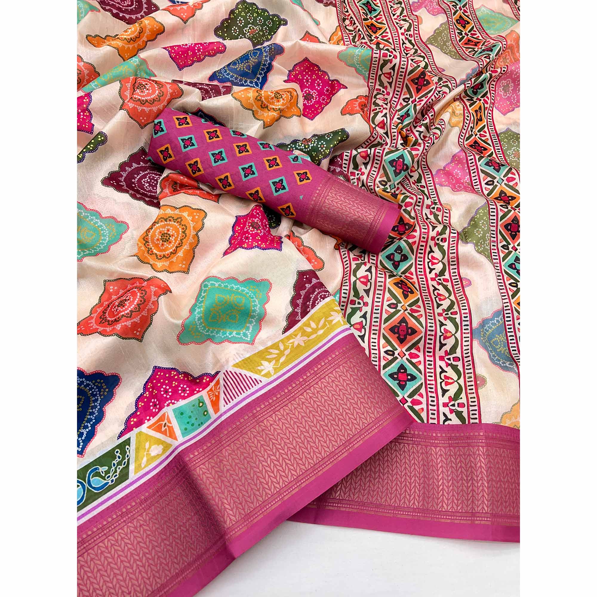 Offwhite Bandhani Digital Printed Dola Silk Saree Accented With Elegant Zari Woven Border