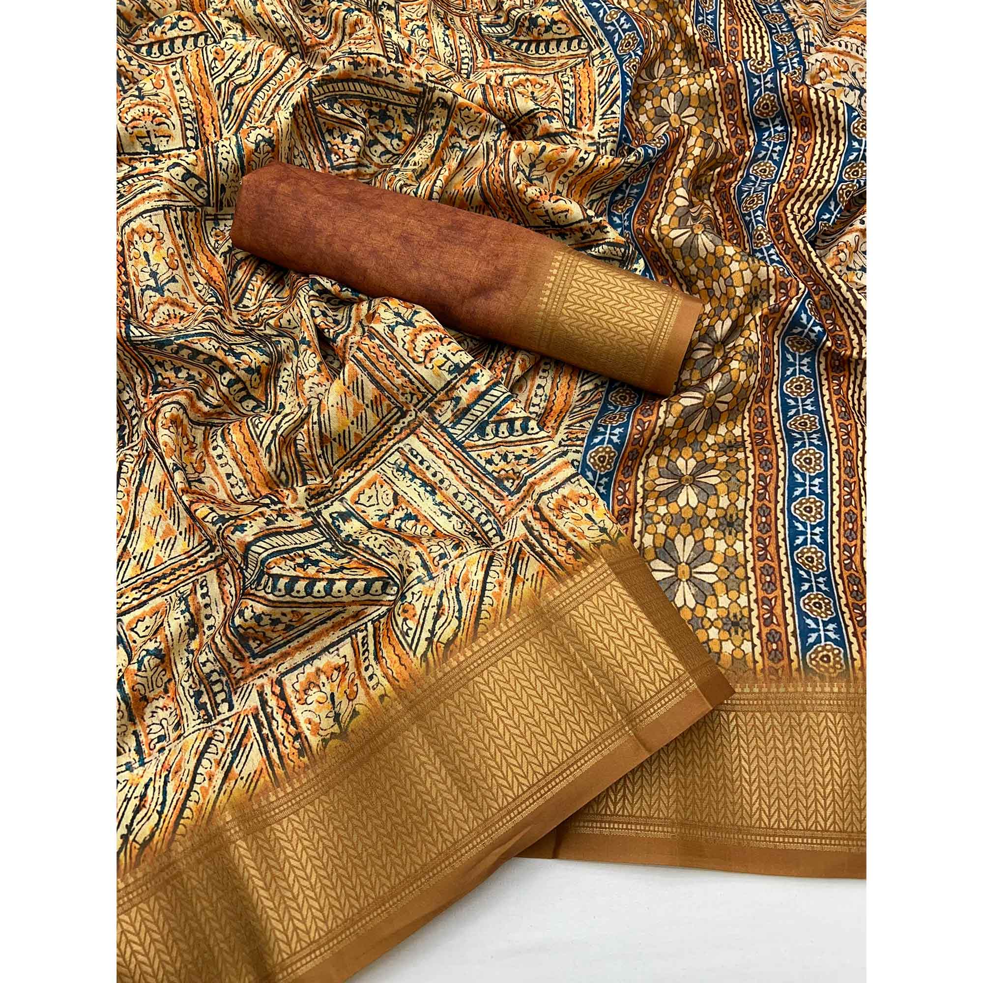 Brown Digital Printed Dola Silk Saree With Intricate Zari Weaving Border & Tassel Pallu