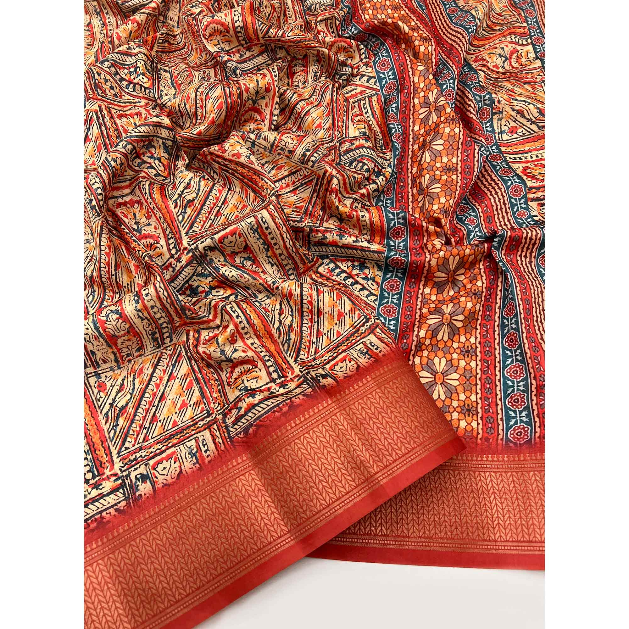 Red Digital Printed Dola Silk Saree With Intricate Zari Weaving Border & Tassel Pallu