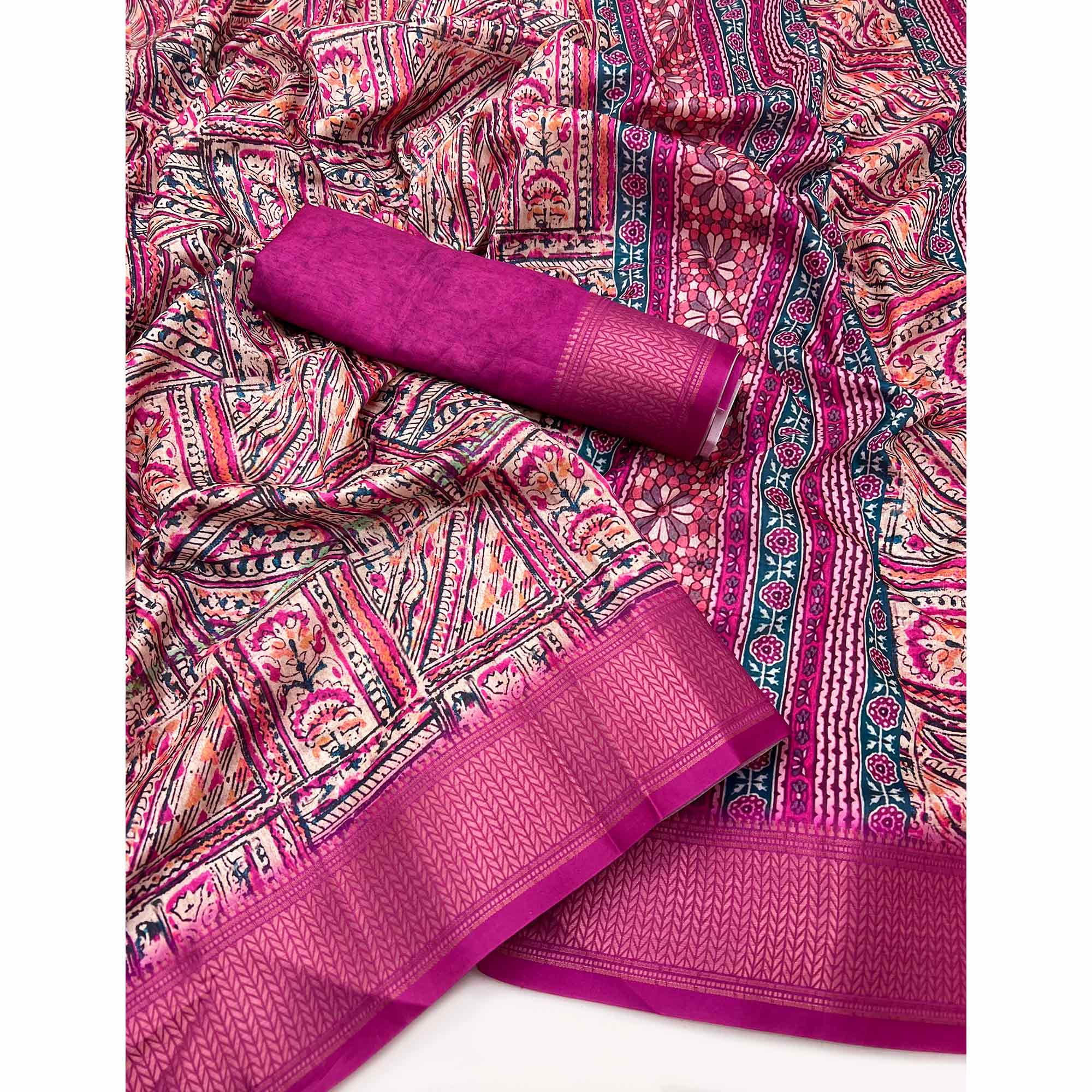 Pink Digital Printed Dola Silk Saree With Intricate Zari Weaving Border & Tassle Pallu