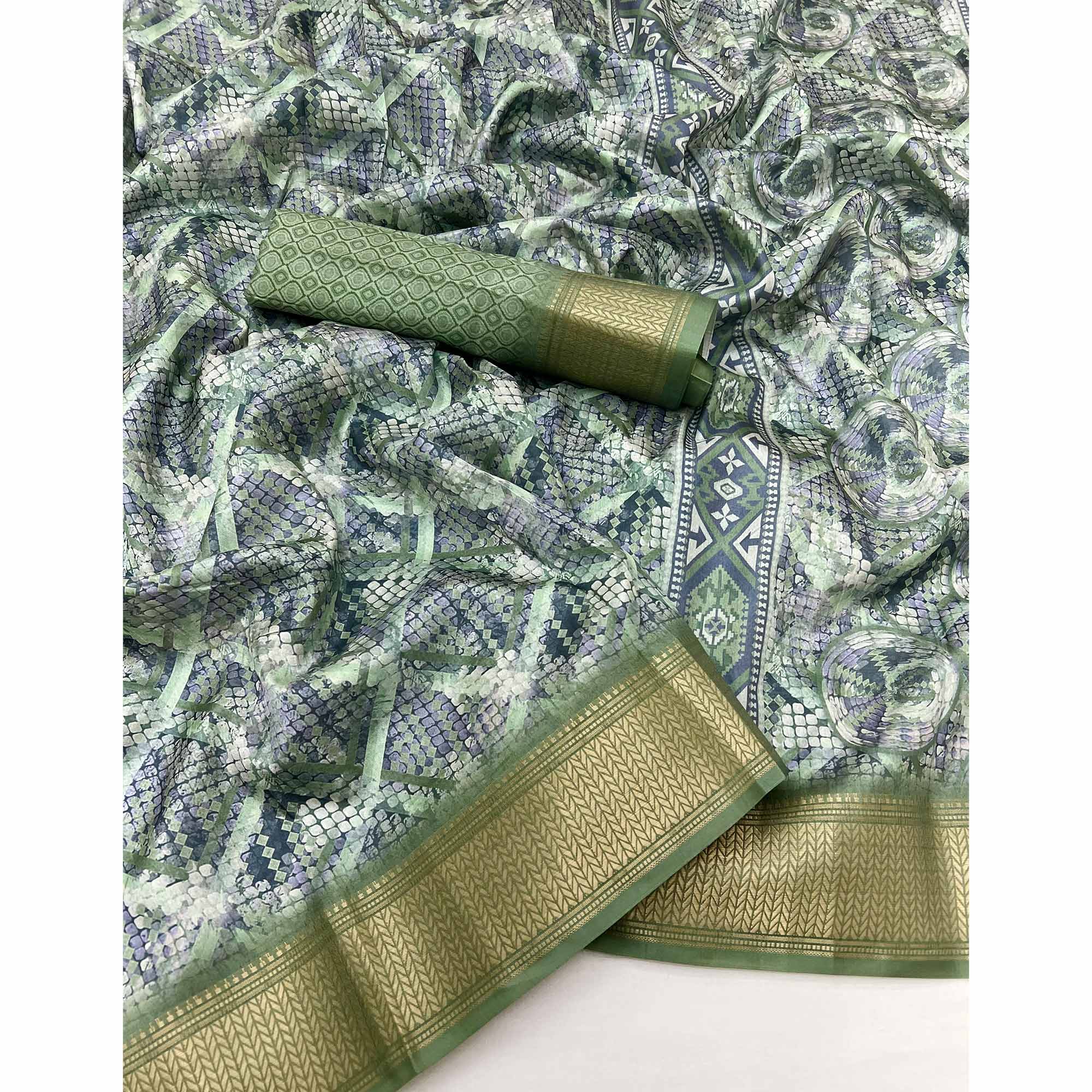 Green Digital Printed Saree In Dola Silk With Shimmering Zari Border & Tassel Pallu