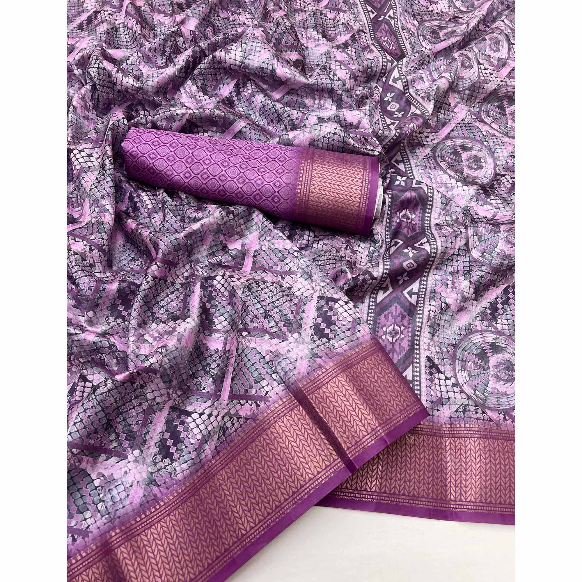 Lavender Digital Printed Saree In Dola Silk With Shimmering Zari Border & Tassel Pallu