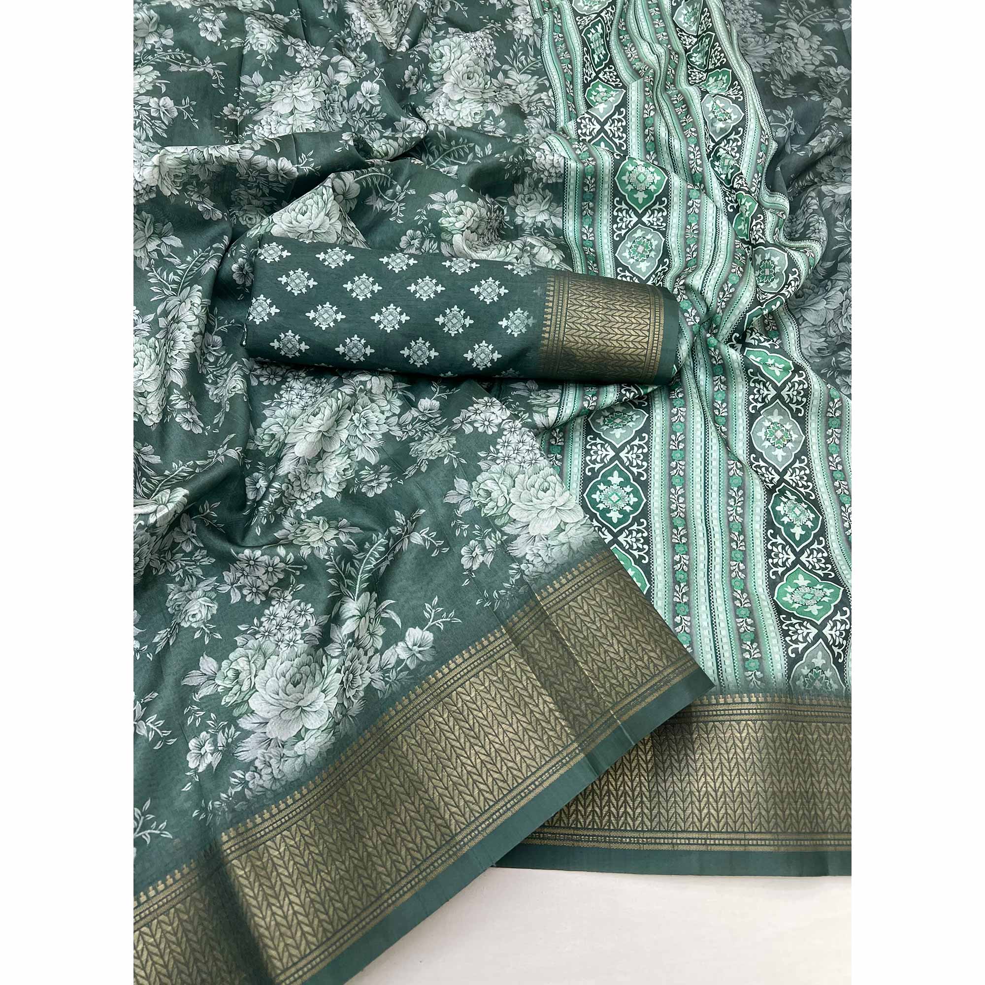Green Dola Silk Saree With Floral Digital Prints & Elegant Zari Weaving Border